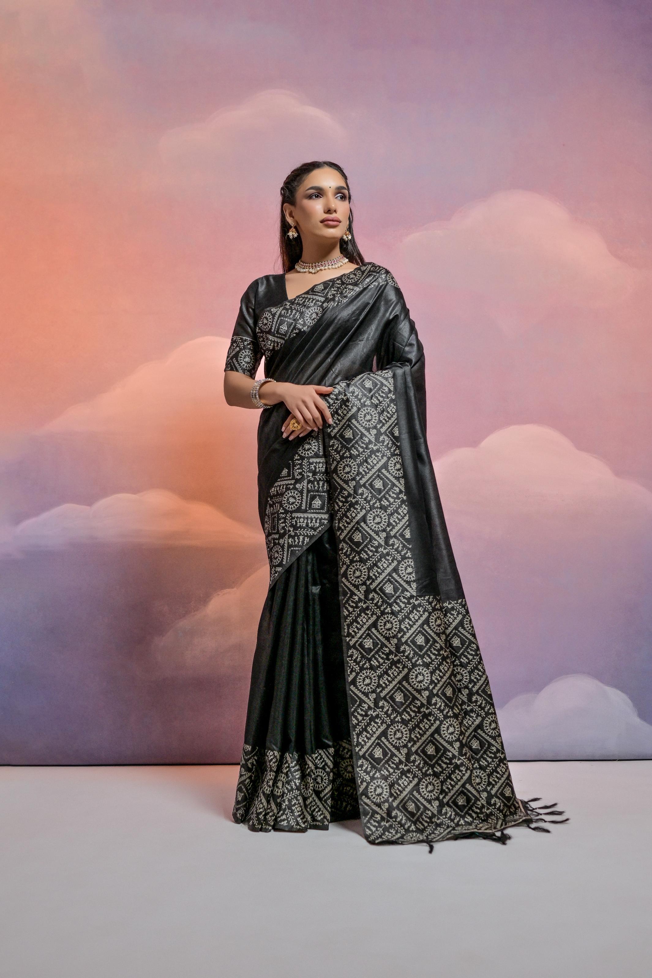 Jyoti Fashion Women's Black Handloom Raw Silk Weaving Designer Saree with Blouse - Distacart
