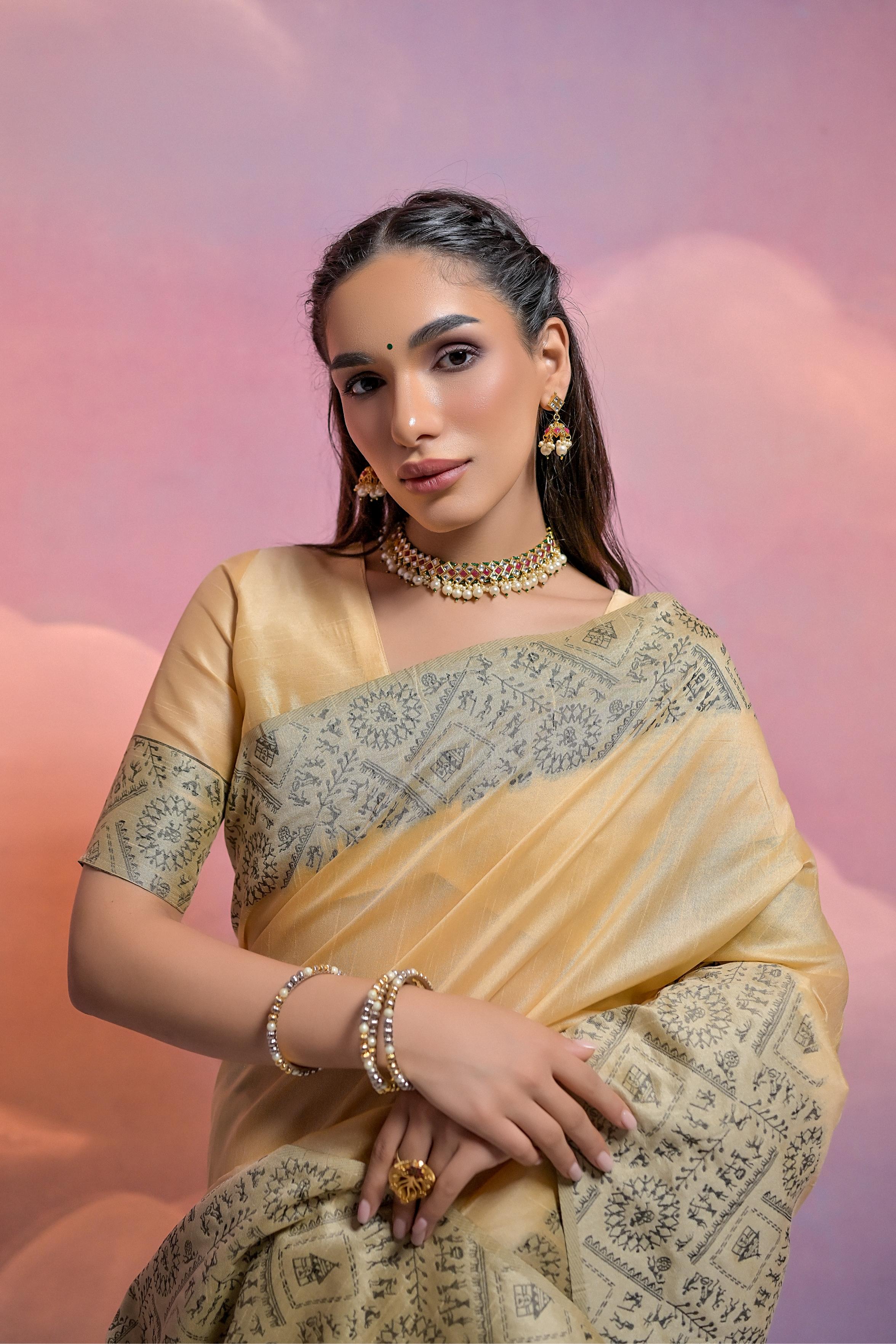 Jyoti Fashion Women's Cream Handloom Raw Silk Weaving Designer Saree with Blouse - Distacart