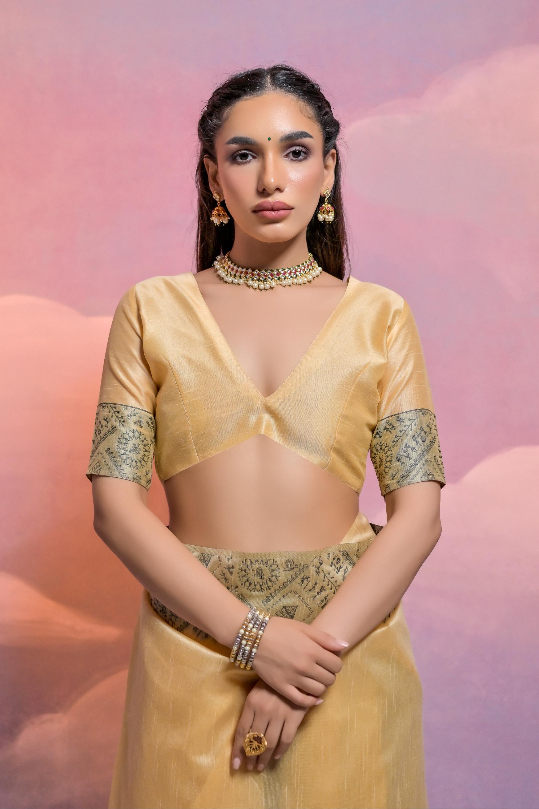 Jyoti Fashion Women's Cream Handloom Raw Silk Weaving Designer Saree with Blouse - Distacart