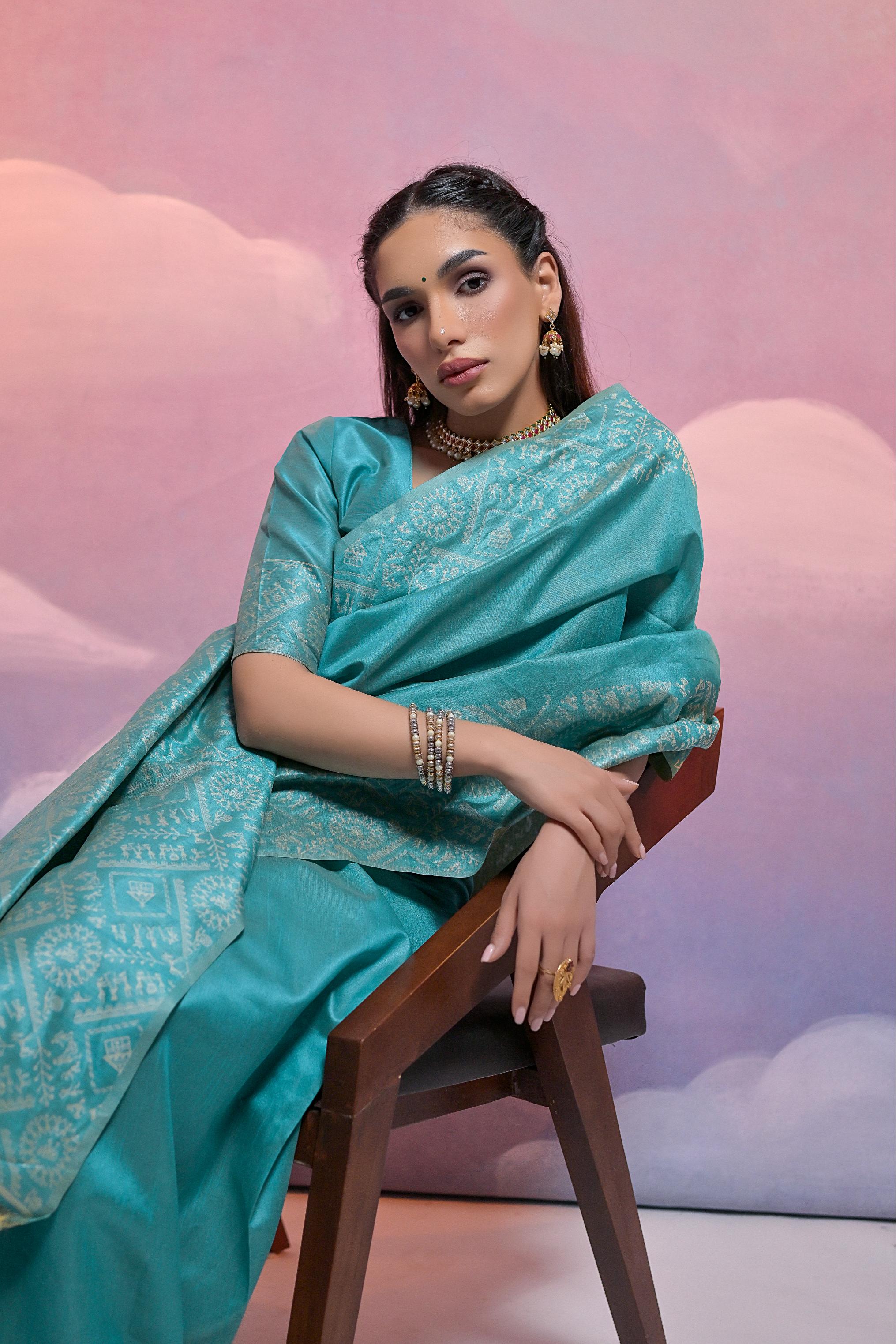 Jyoti Fashion Women's Firozi Handloom Raw Silk Weaving Designer Saree with Blouse - Distacart