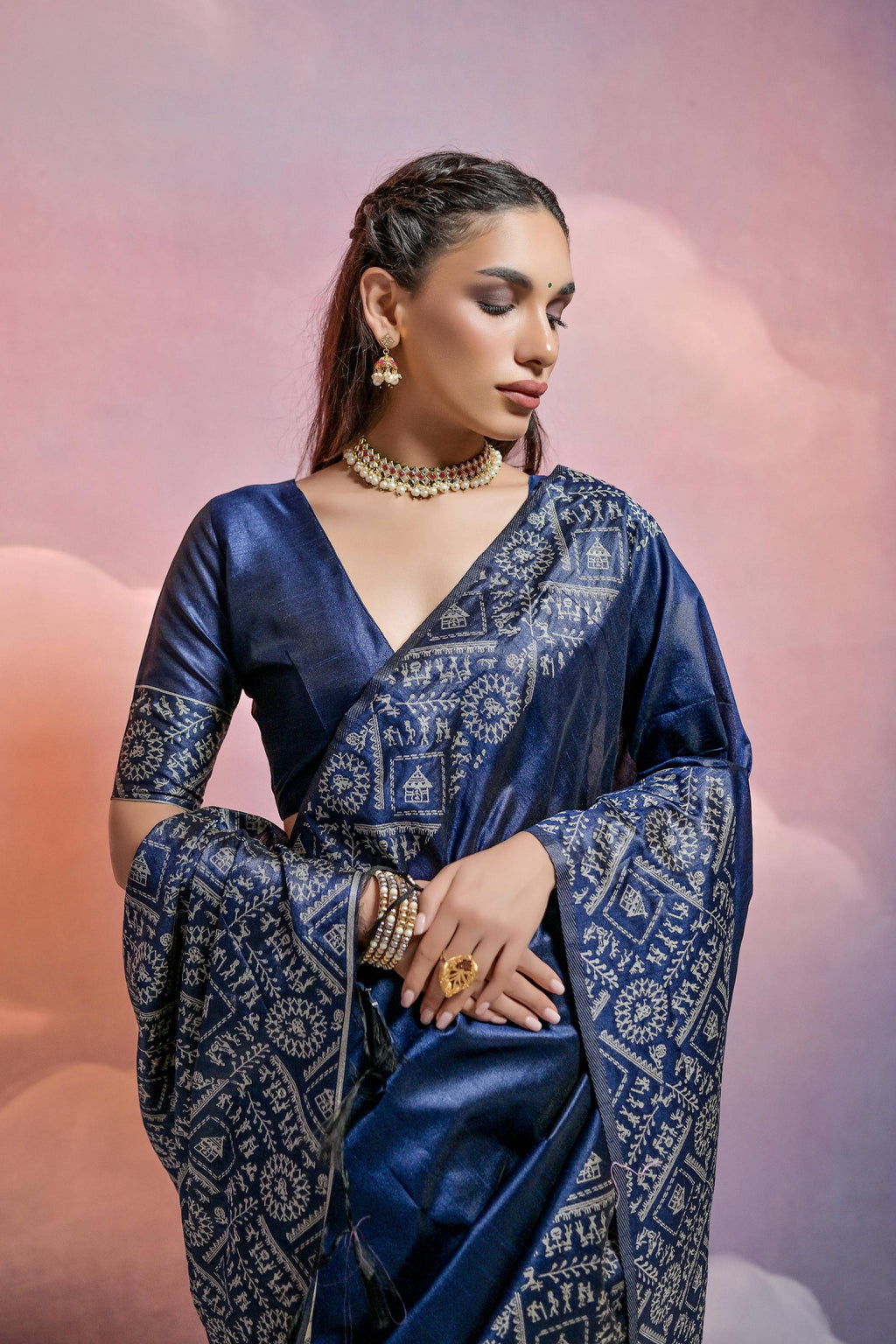 Jyoti Fashion Women's Navy Blue Handloom Raw Silk Weaving Designer Saree with Blouse - Distacart