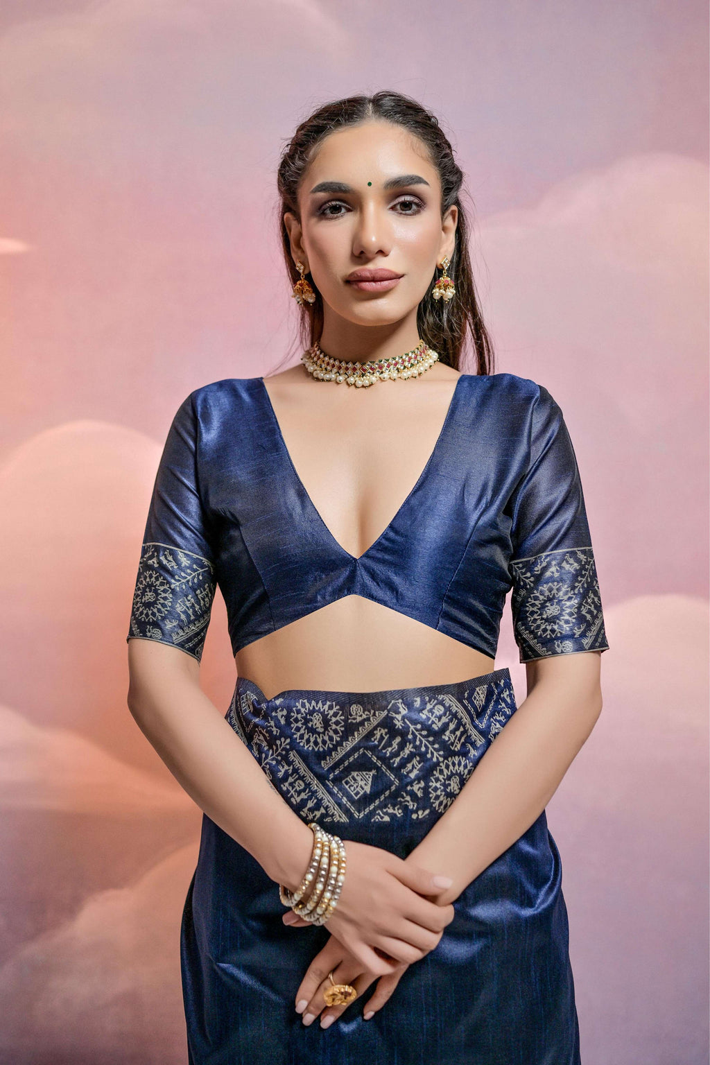 Jyoti Fashion Women's Navy Blue Handloom Raw Silk Weaving Designer Saree with Blouse - Distacart
