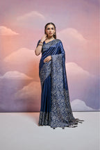 Jyoti Fashion Women's Navy Blue Handloom Raw Silk Weaving Designer Saree with Blouse - Distacart