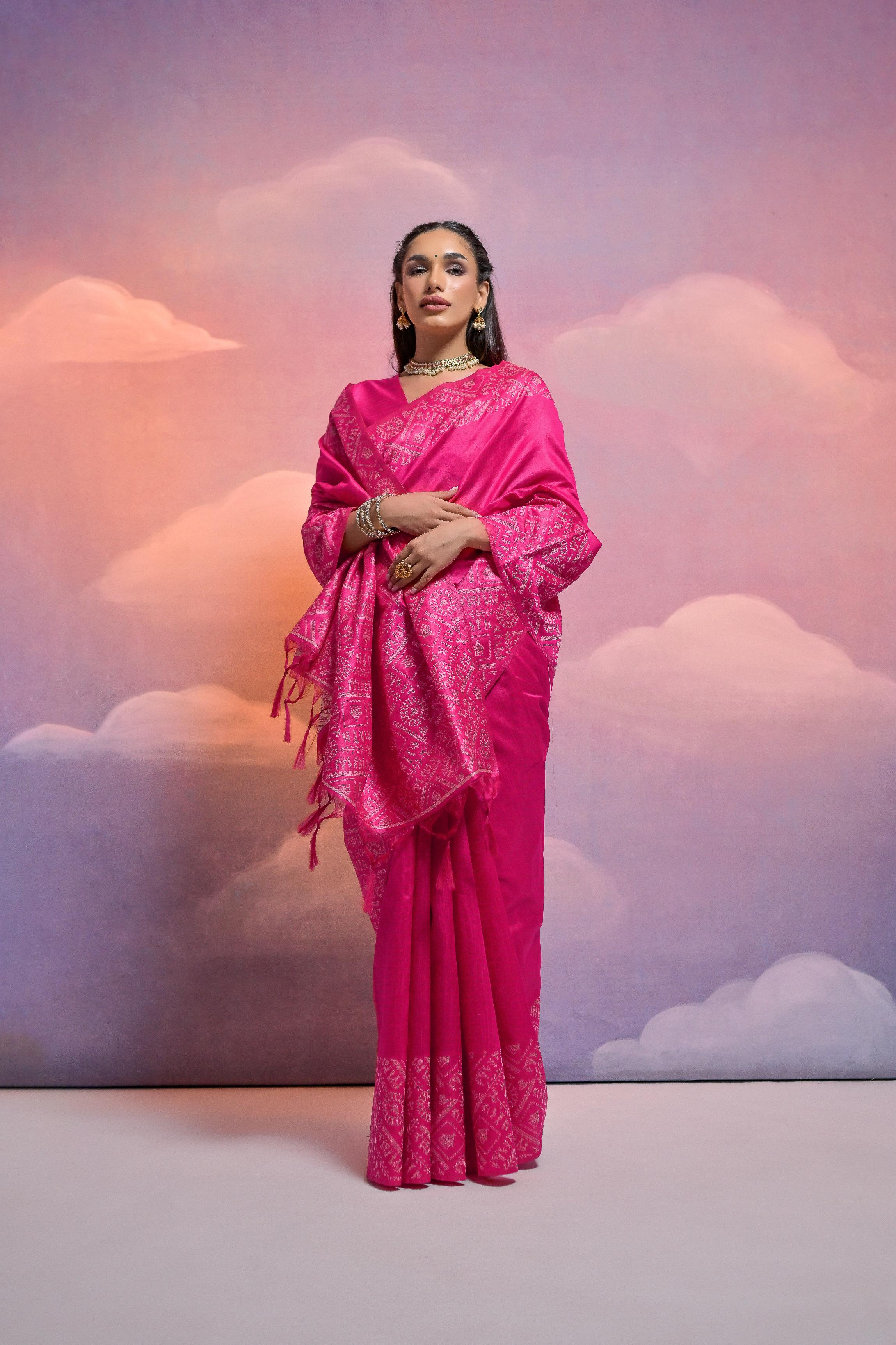 Jyoti Fashion Women's Rani Pink Handloom Raw Silk Weaving Designer Saree with Blouse - Distacart