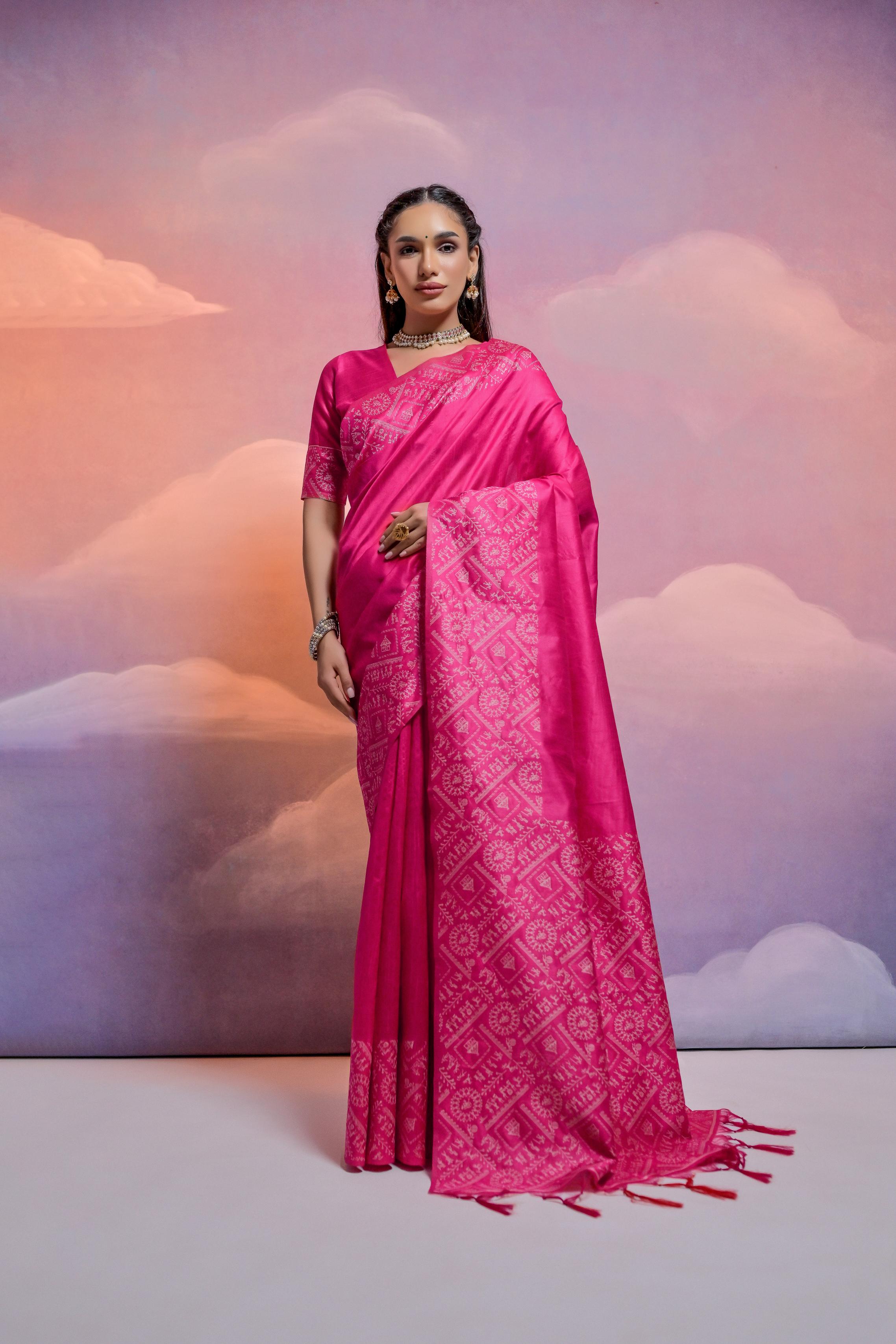 Jyoti Fashion Women's Rani Pink Handloom Raw Silk Weaving Designer Saree with Blouse - Distacart
