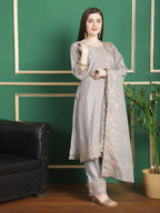 Jyoti Fashion Women's Grey Chinon Chiffon Floral Embroidery with Cording & Crystal Work Designer Straight Suit Set