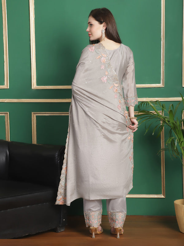 Jyoti Fashion Women's Grey Chinon Chiffon Floral Embroidery with Cording & Crystal Work Designer Straight Suit Set