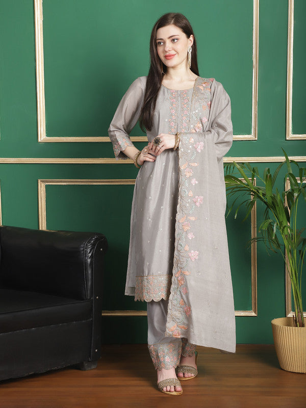 Jyoti Fashion Women's Grey Chinon Chiffon Floral Embroidery with Cording & Crystal Work Designer Straight Suit Set