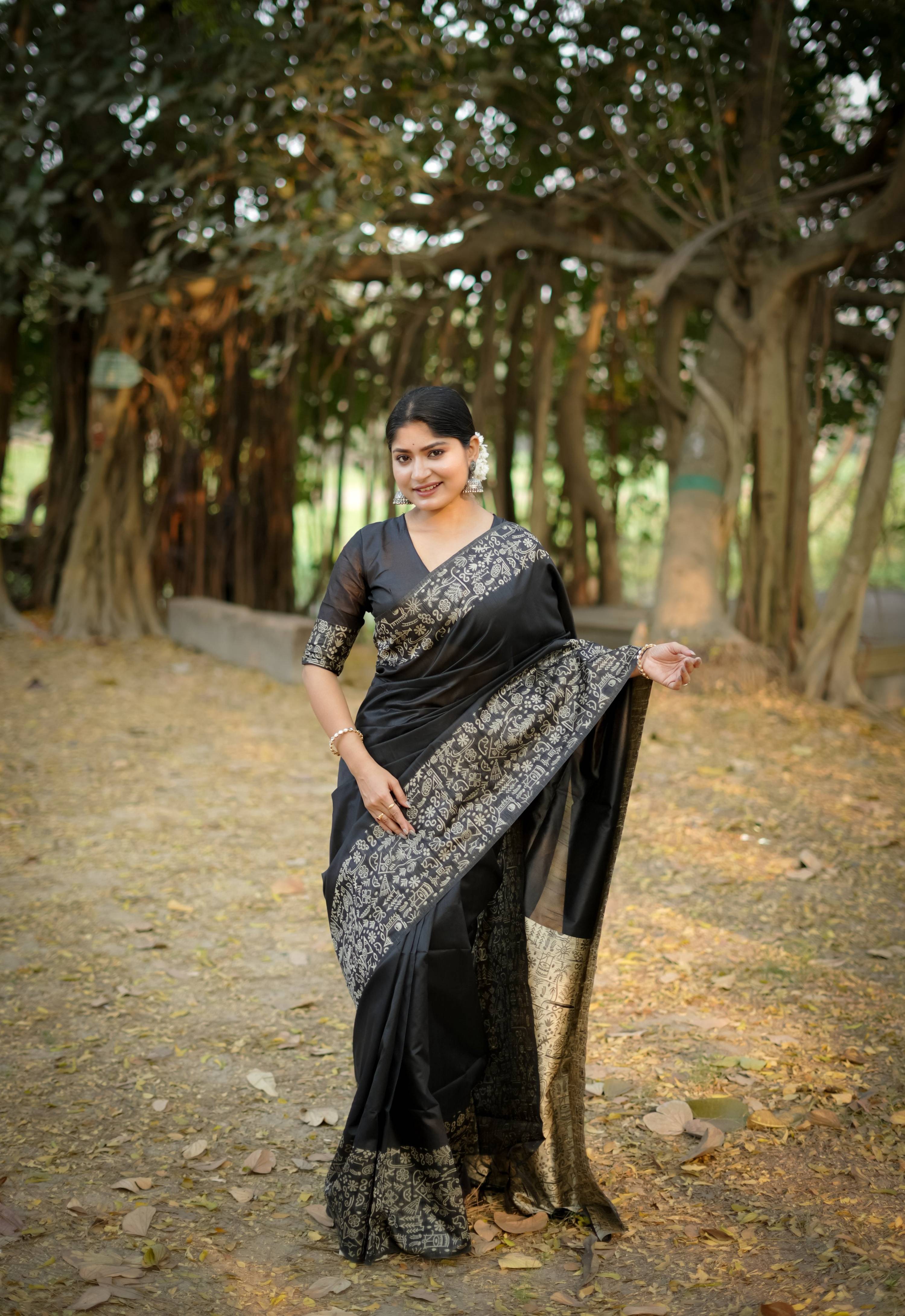 Jyoti Fashion Women's Black Handloom Raw Silk Weaving Designer Saree with Blouse - Distacart