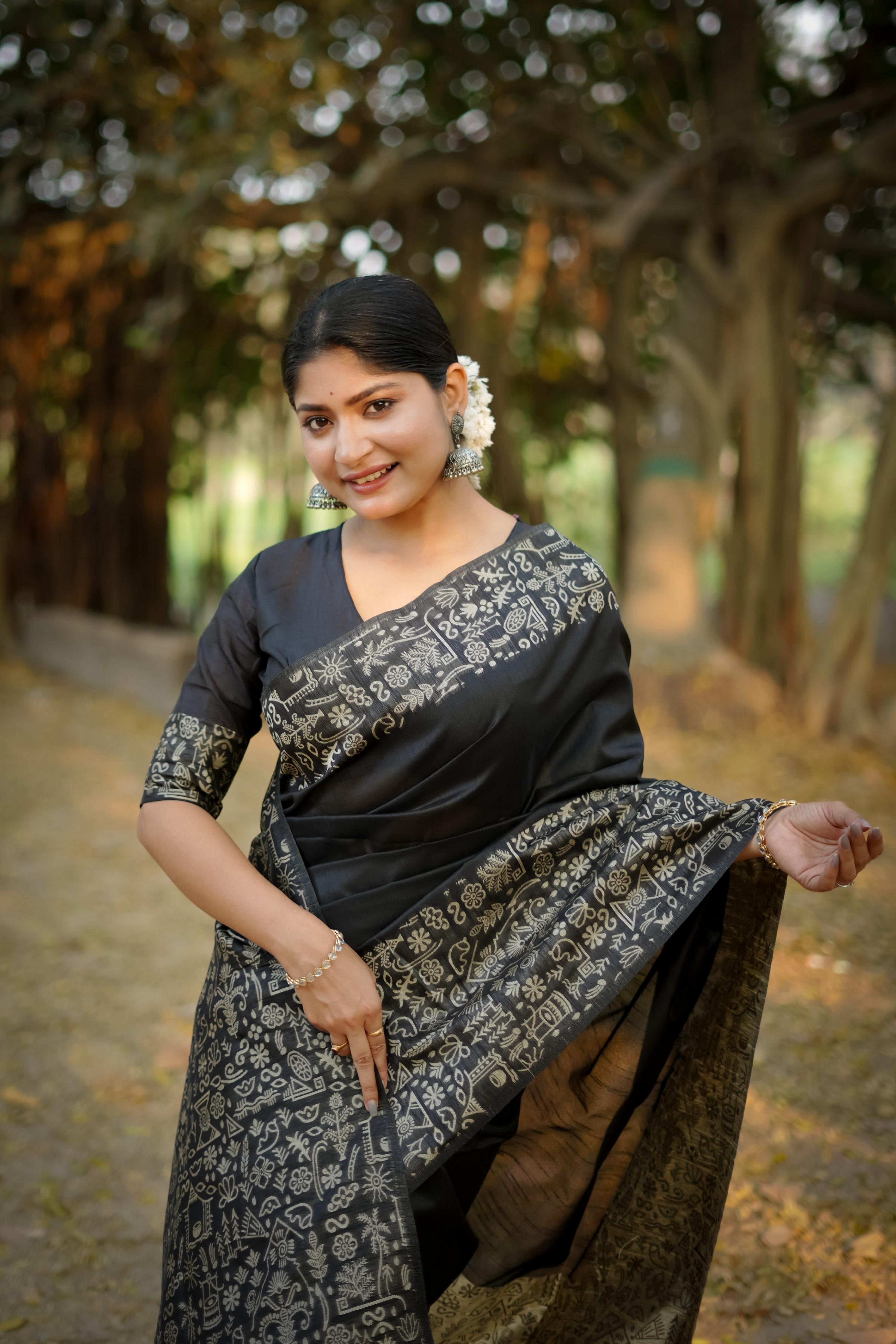 Jyoti Fashion Women's Black Handloom Raw Silk Weaving Designer Saree with Blouse - Distacart