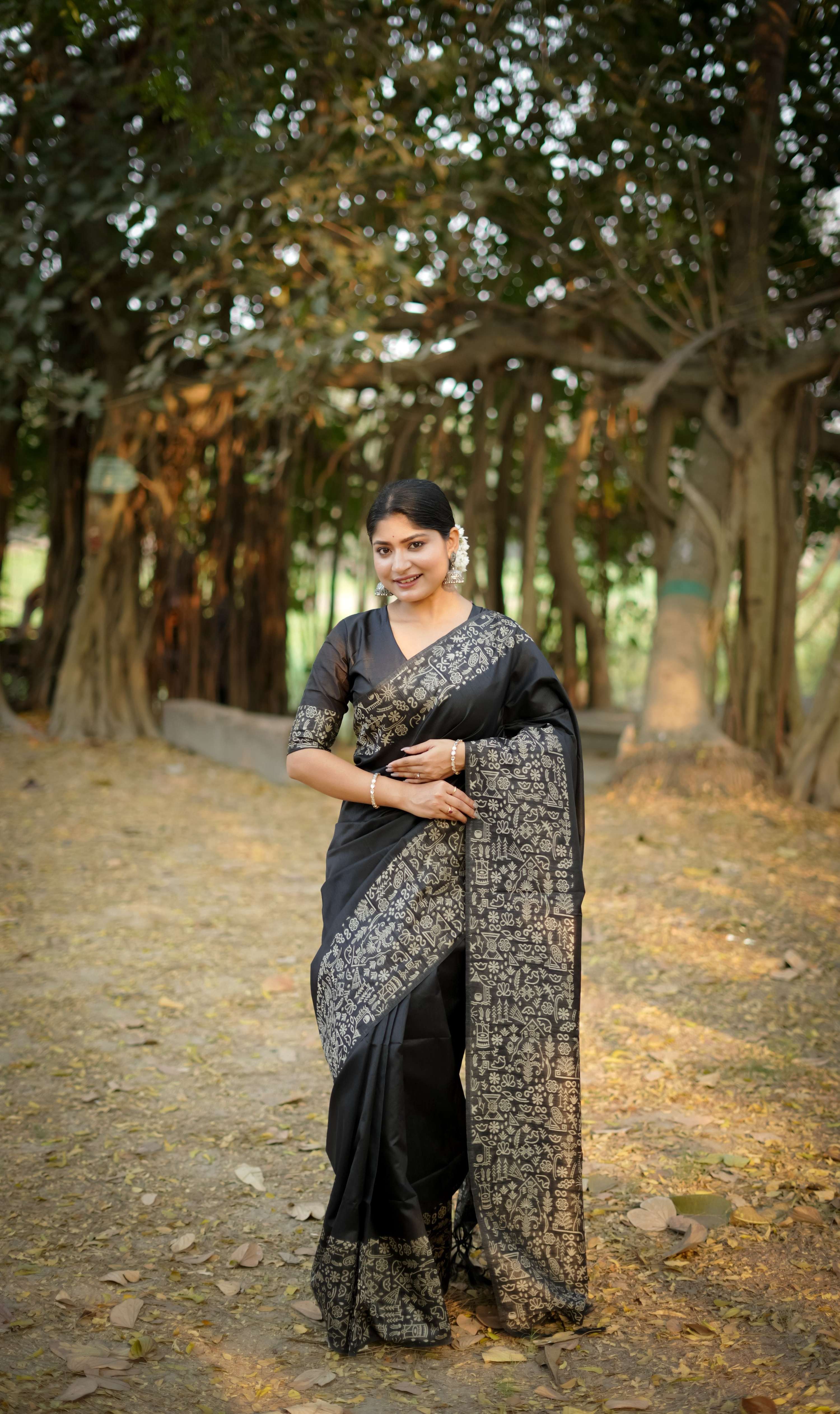 Jyoti Fashion Women's Black Handloom Raw Silk Weaving Designer Saree with Blouse - Distacart