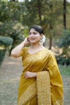 Jyoti Fashion Women's Mustard Handloom Raw Silk Weaving Designer Saree with Blouse - Distacart