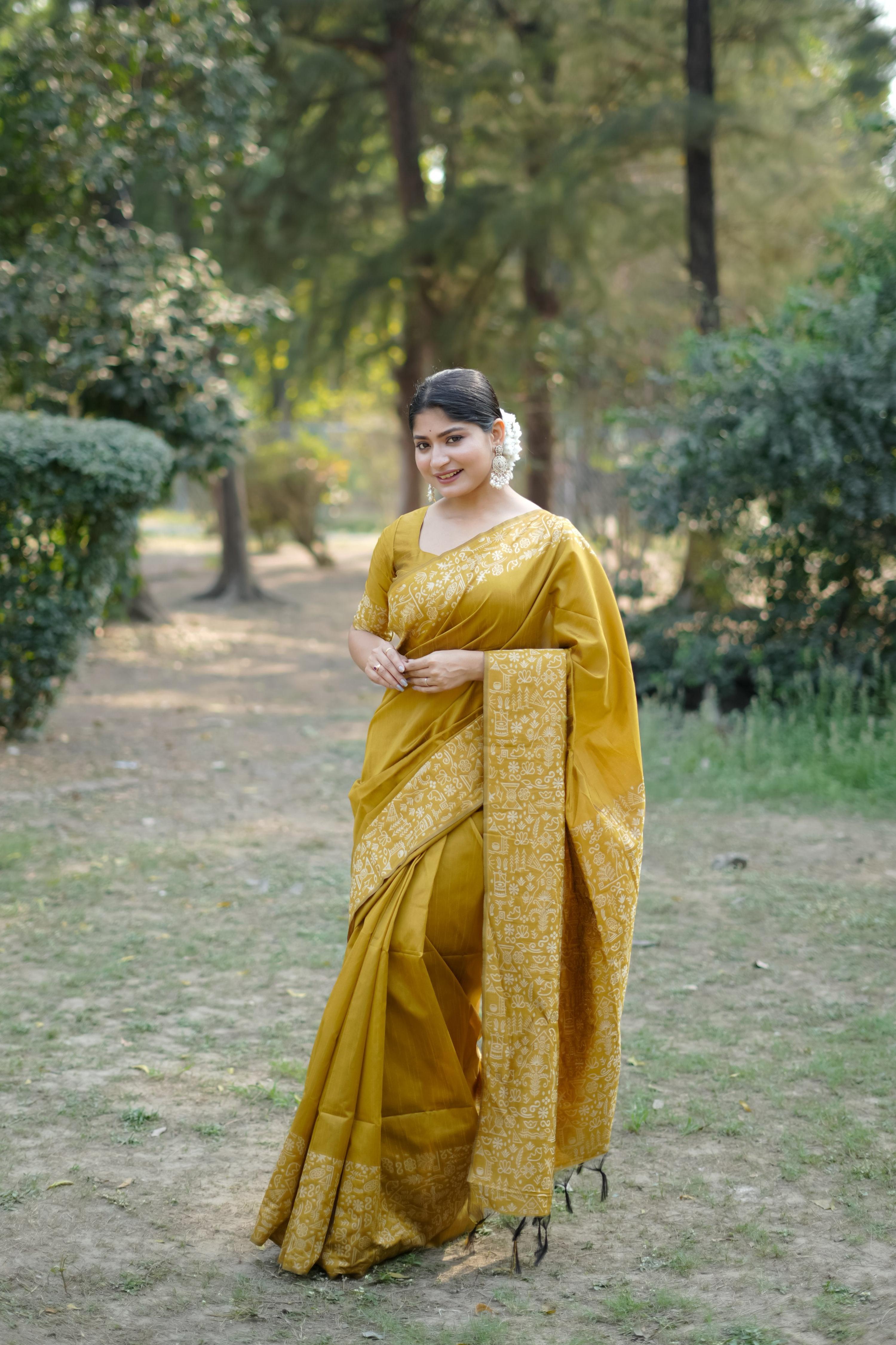 Jyoti Fashion Women's Mustard Handloom Raw Silk Weaving Designer Saree with Blouse - Distacart