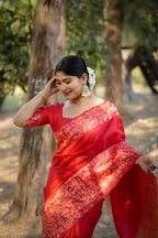 Jyoti Fashion Women's Red Handloom Raw Silk Weaving Designer Saree with Blouse - Distacart