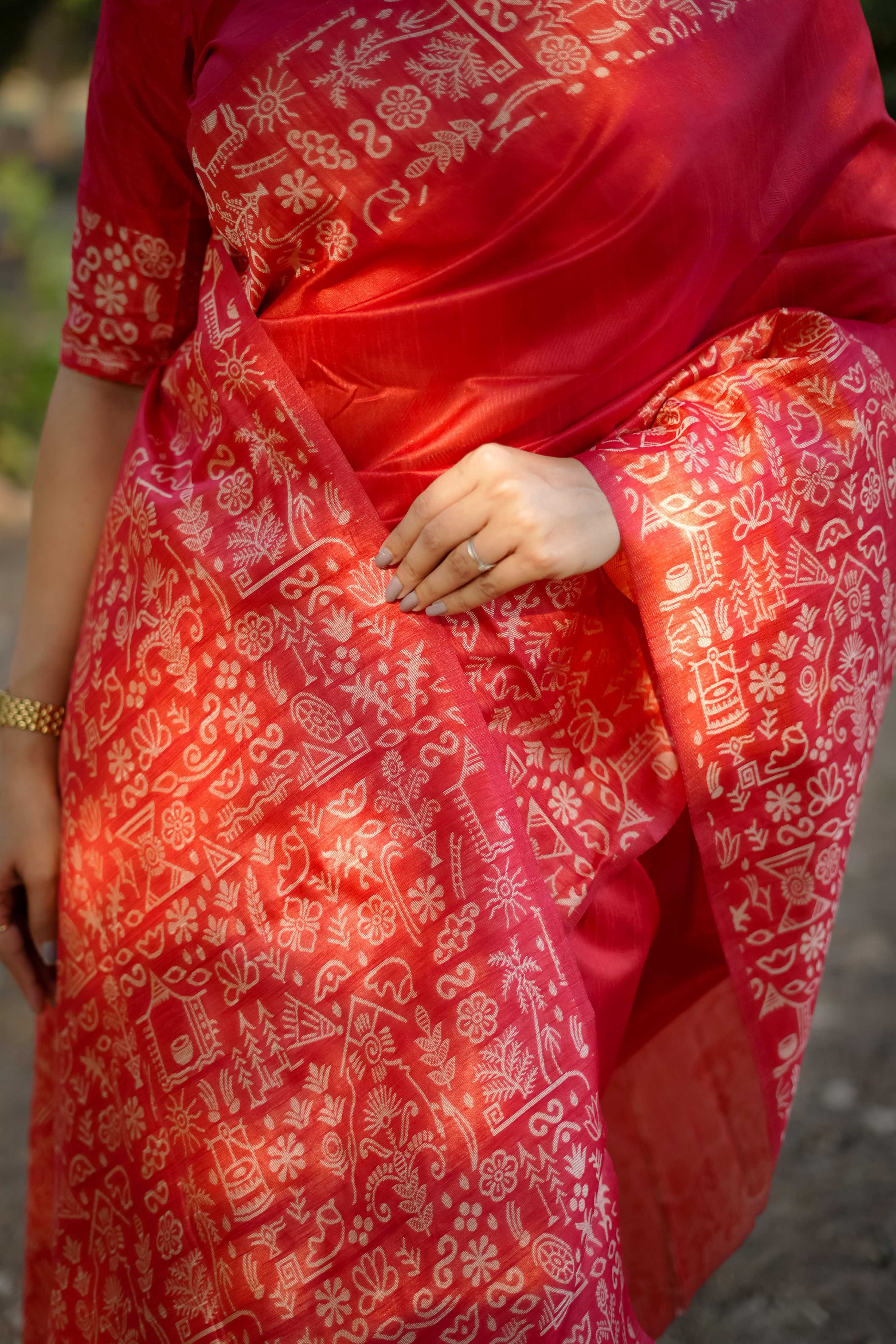 Jyoti Fashion Women's Red Handloom Raw Silk Weaving Designer Saree with Blouse - Distacart