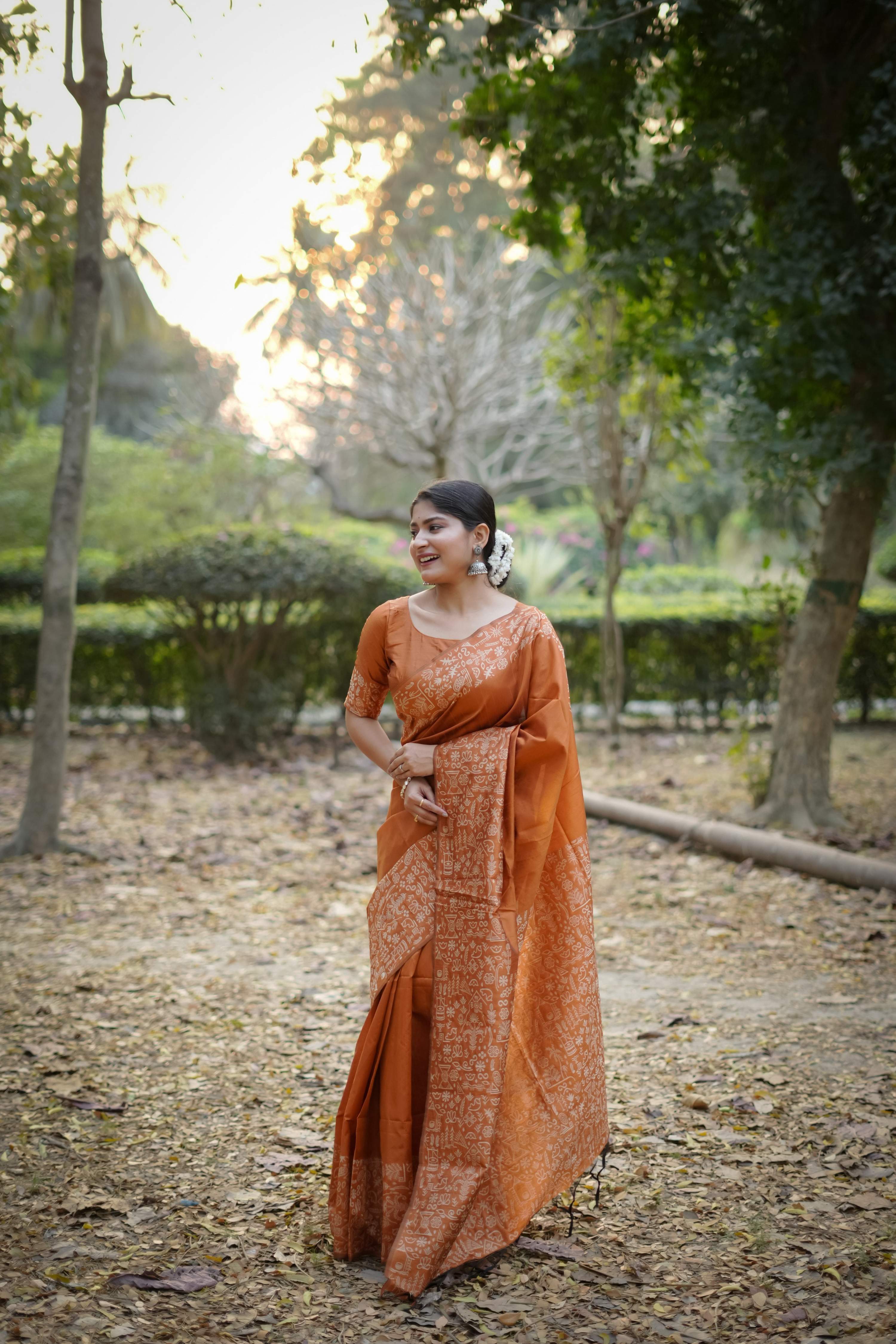 Jyoti Fashion Women's Orange Handloom Raw Silk Weaving Designer Saree with Blouse - Distacart