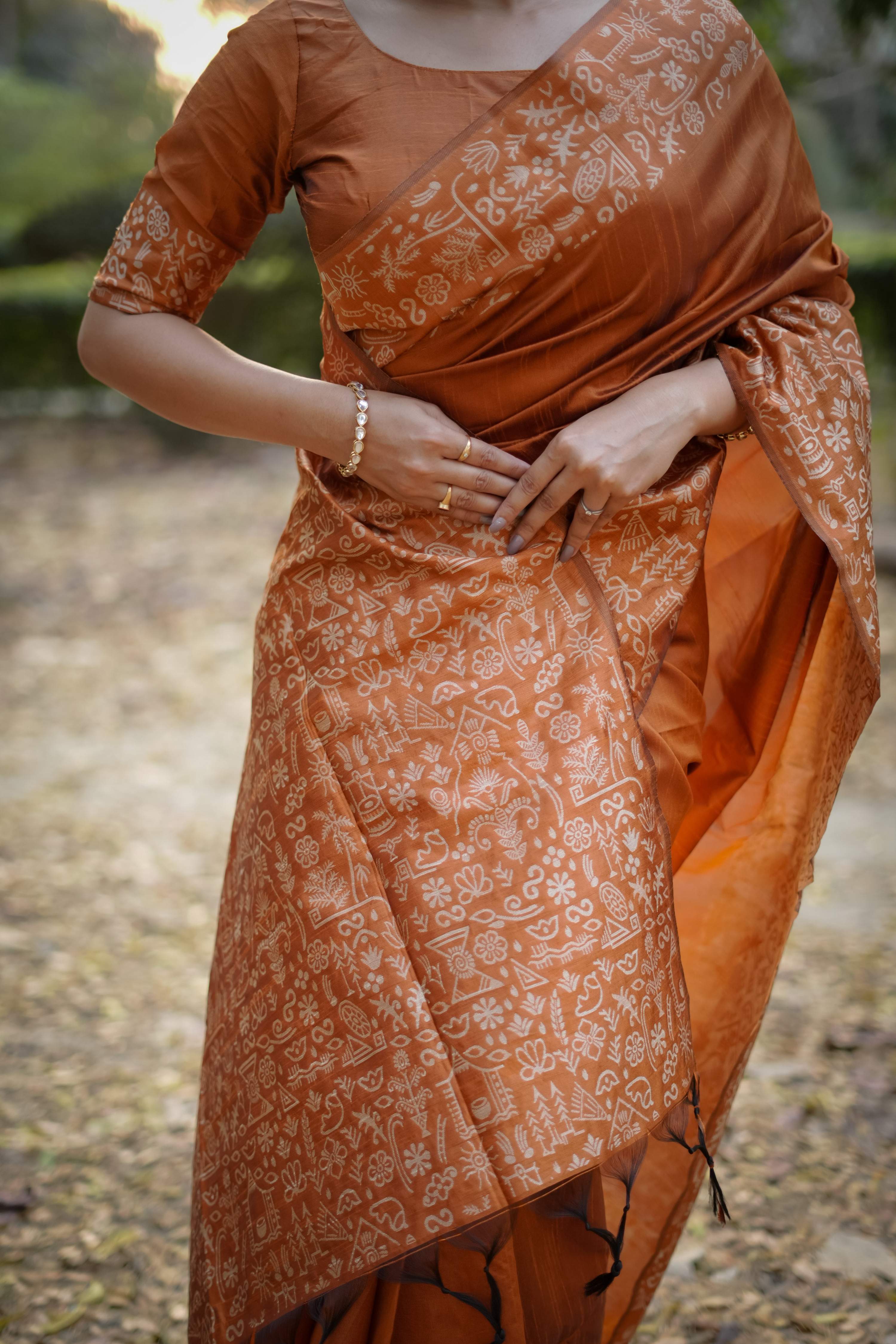 Jyoti Fashion Women's Orange Handloom Raw Silk Weaving Designer Saree with Blouse - Distacart