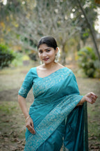Jyoti Fashion Women's Firozi Handloom Raw Silk Weaving Designer Saree with Blouse - Distacart