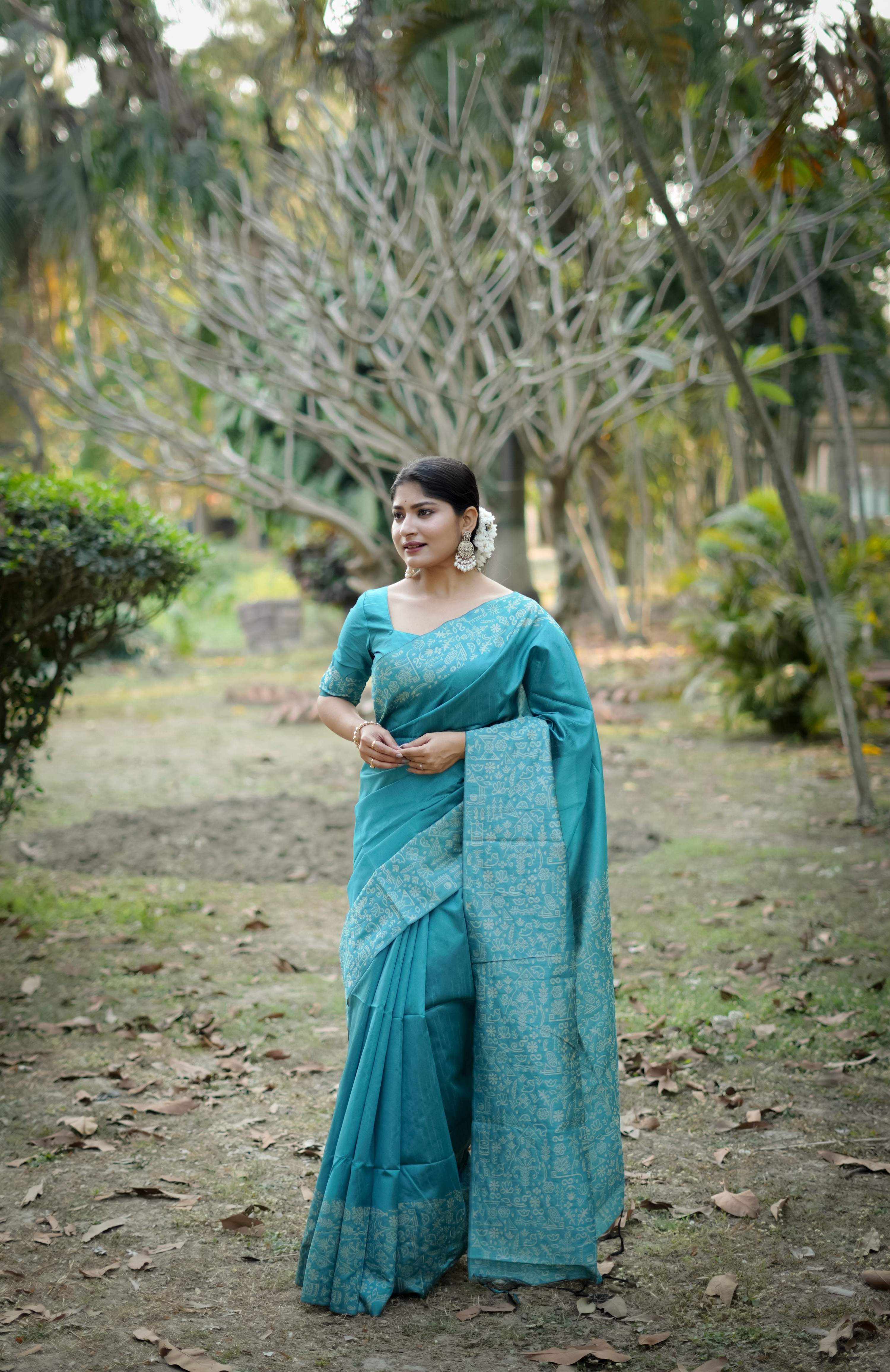 Jyoti Fashion Women's Firozi Handloom Raw Silk Weaving Designer Saree with Blouse - Distacart