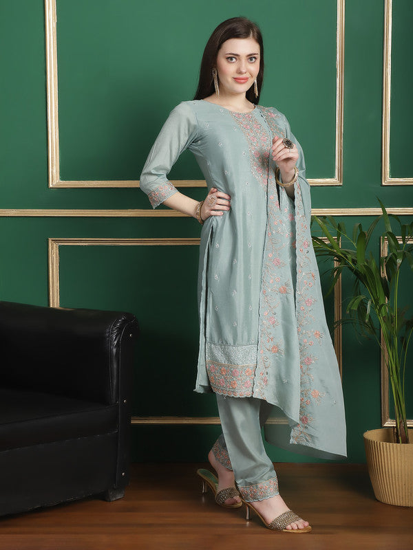 Jyoti Fashion Women's Turquoise Chinon Chiffon Floral Embroidery with Cording & Crystal Work Designer Straight Suit Set