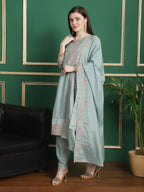 Jyoti Fashion Women's Turquoise Chinon Chiffon Floral Embroidery with Cording & Crystal Work Designer Straight Suit Set