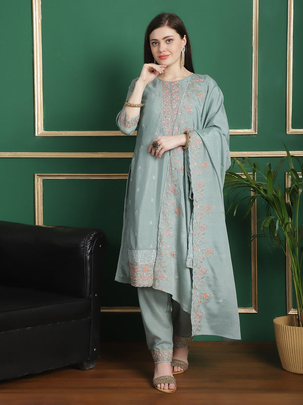 Jyoti Fashion Women's Turquoise Chinon Chiffon Floral Embroidery with Cording & Crystal Work Designer Straight Suit Set