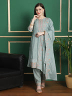 Jyoti Fashion Women's Turquoise Chinon Chiffon Floral Embroidery with Cording & Crystal Work Designer Straight Suit Set