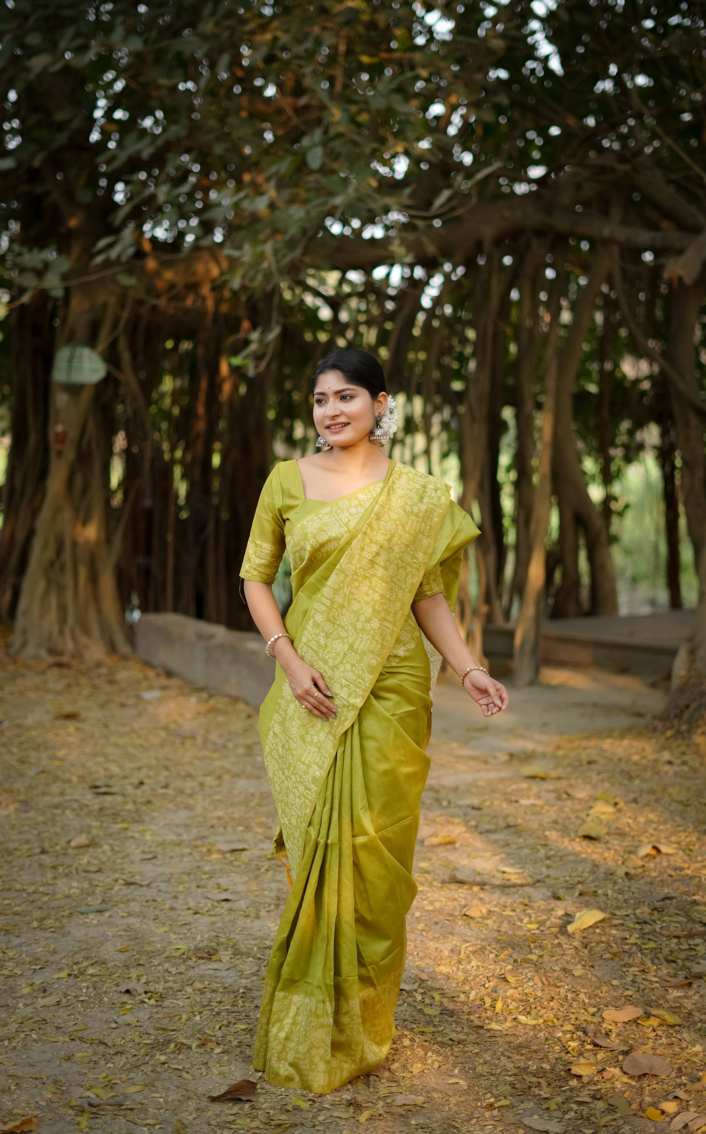 Jyoti Fashion Women's Mehendi Handloom Raw Silk Weaving Designer Saree with Blouse - Distacart