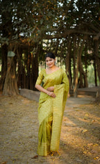 Jyoti Fashion Women's Mehendi Handloom Raw Silk Weaving Designer Saree with Blouse - Distacart
