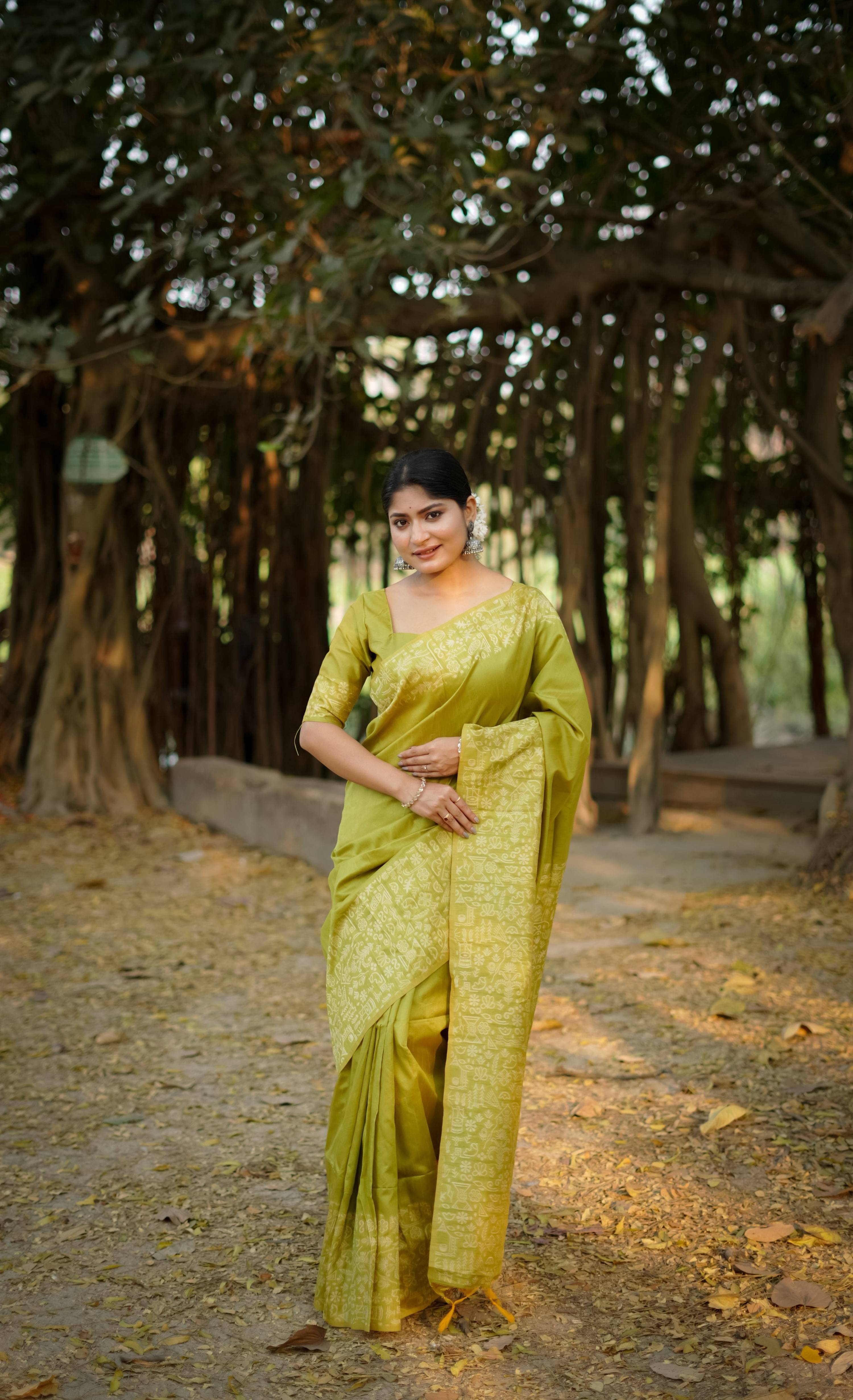 Jyoti Fashion Women's Mehendi Handloom Raw Silk Weaving Designer Saree with Blouse - Distacart