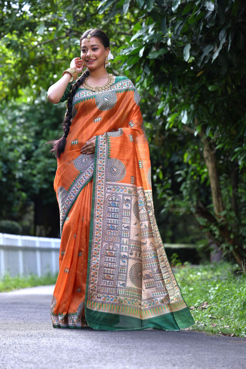 Jyoti Fashion Women's Orange Soft Tussar Silk Printed Designer Saree with Blouse - Distacart