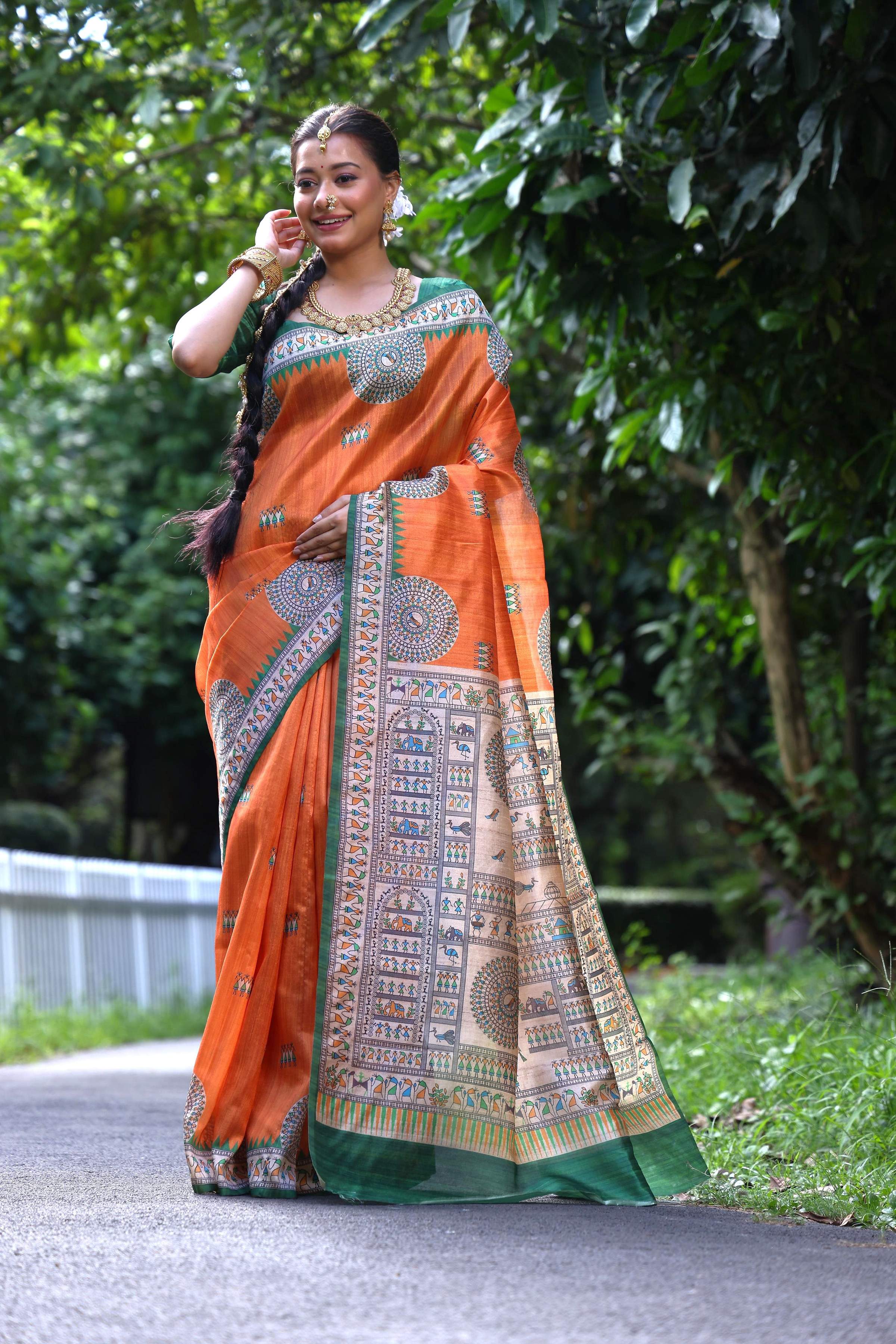 Jyoti Fashion Women's Orange Soft Tussar Silk Printed Designer Saree with Blouse - Distacart