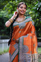 Jyoti Fashion Women's Orange Soft Tussar Silk Printed Designer Saree with Blouse - Distacart