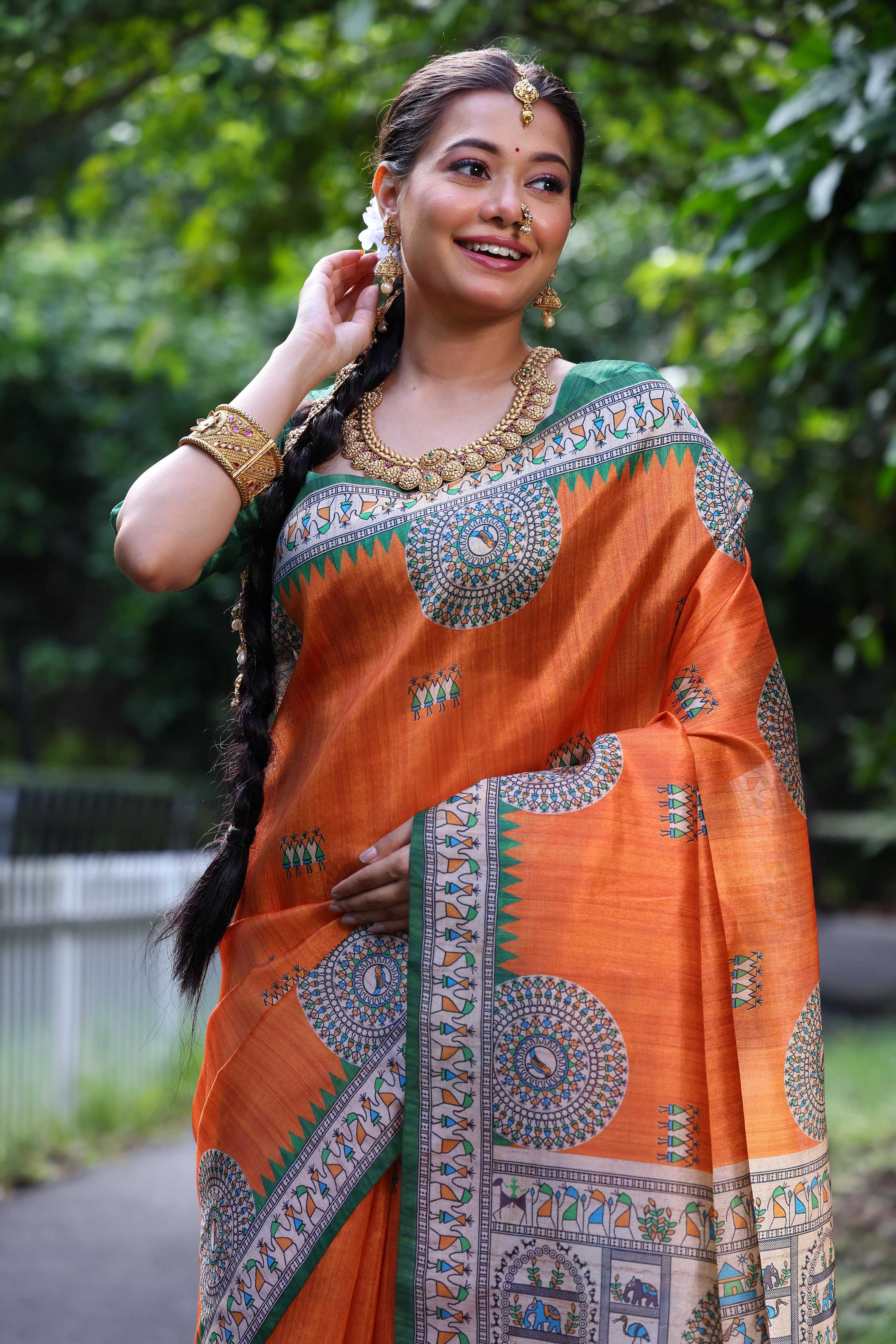 Jyoti Fashion Women's Orange Soft Tussar Silk Printed Designer Saree with Blouse - Distacart
