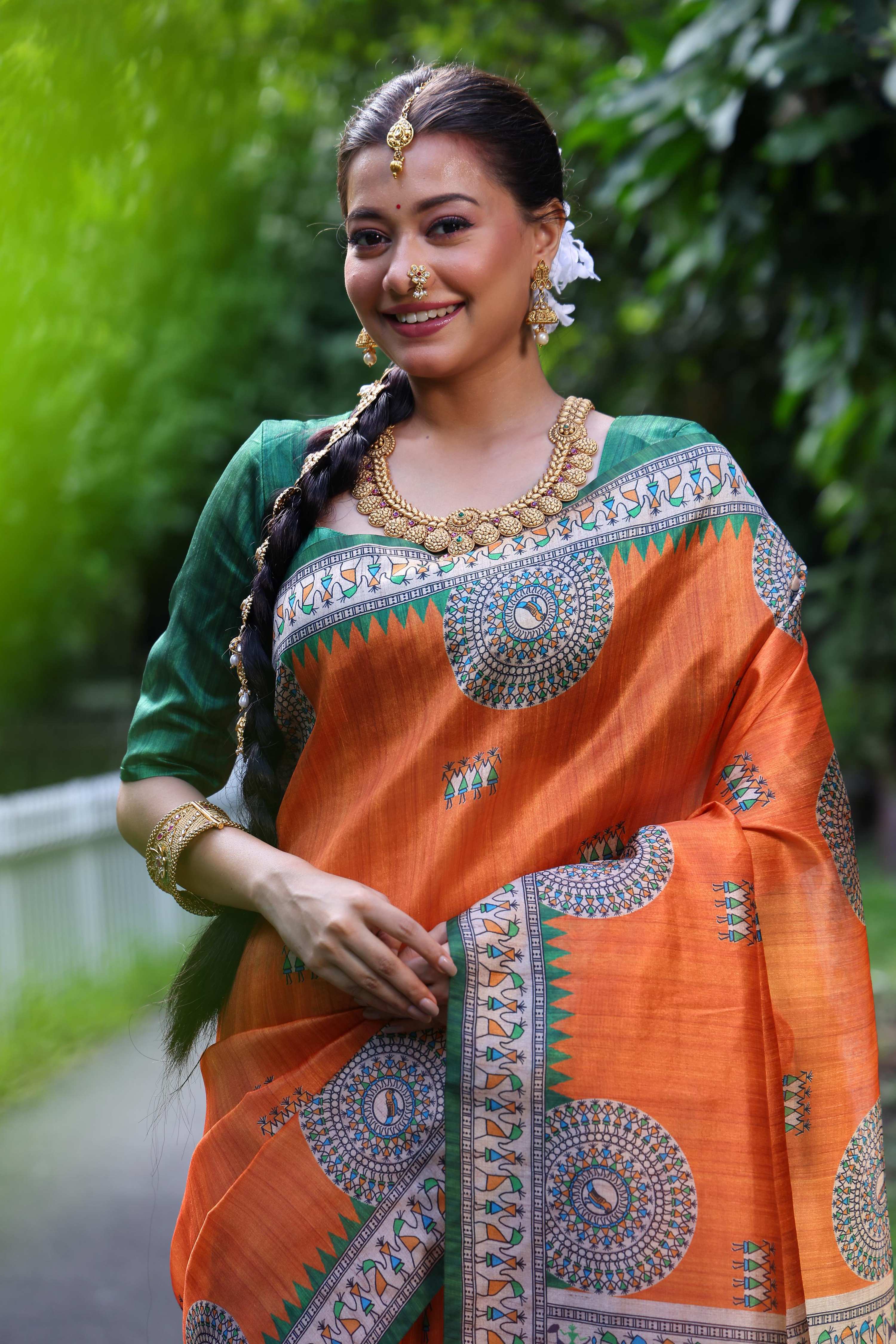Jyoti Fashion Women's Orange Soft Tussar Silk Printed Designer Saree with Blouse - Distacart
