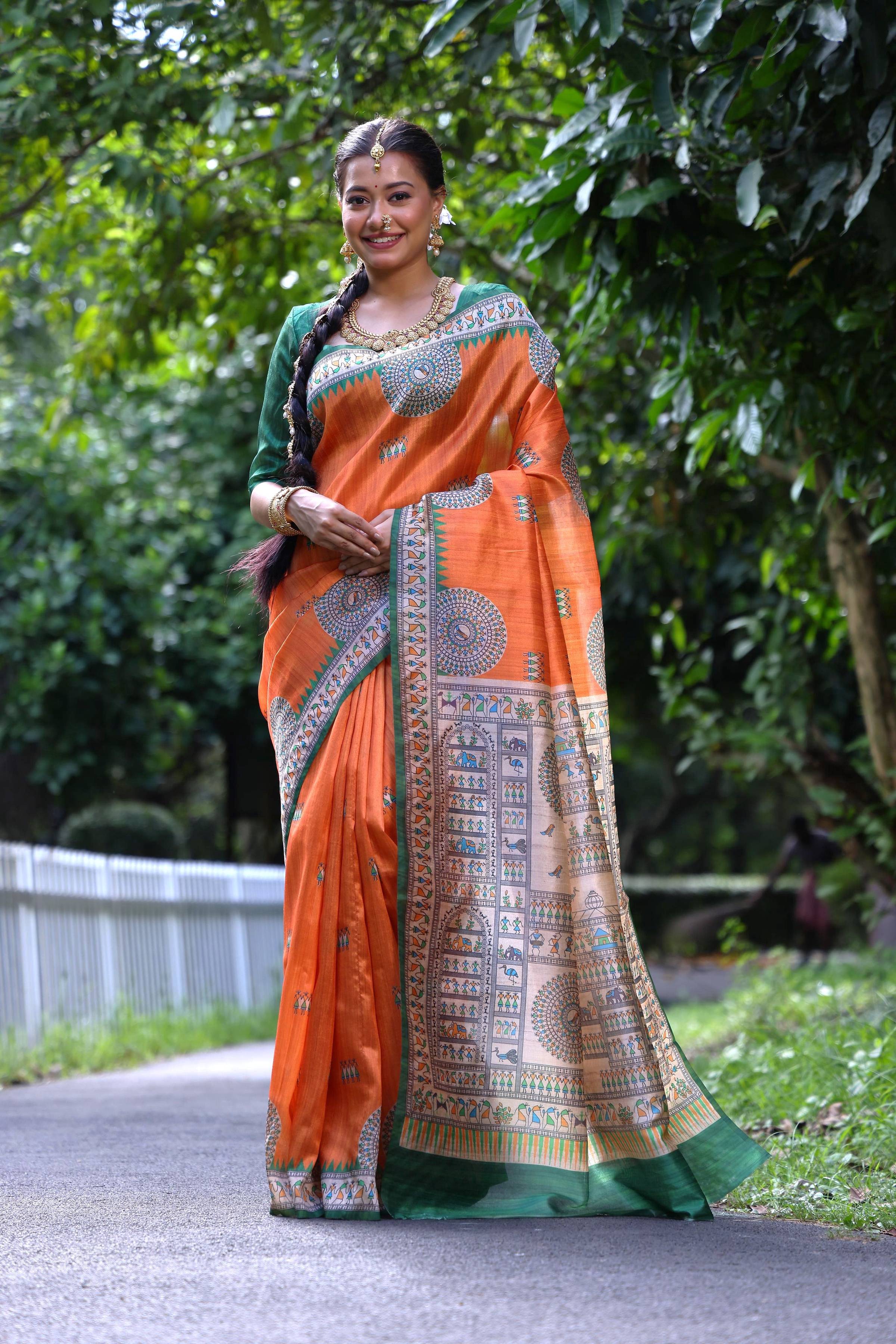 Jyoti Fashion Women's Orange Soft Tussar Silk Printed Designer Saree with Blouse - Distacart