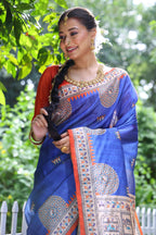 Jyoti Fashion Women's Blue Soft Tussar Silk Printed Designer Saree with Blouse - Distacart
