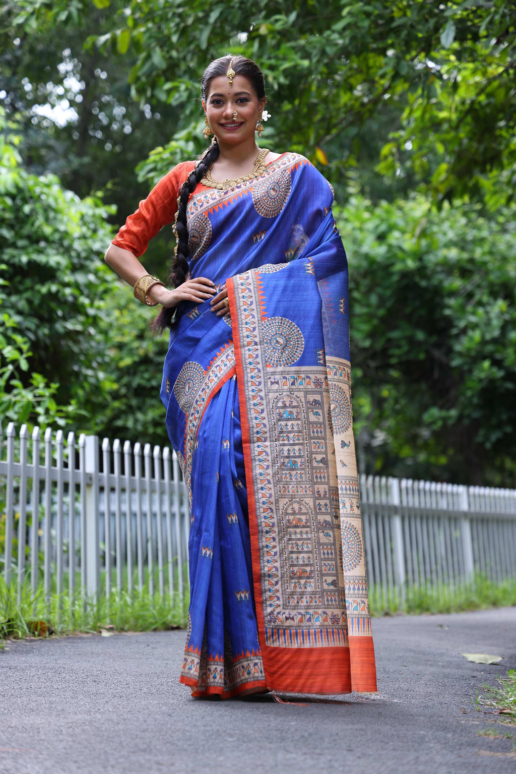 Jyoti Fashion Women's Blue Soft Tussar Silk Printed Designer Saree with Blouse - Distacart
