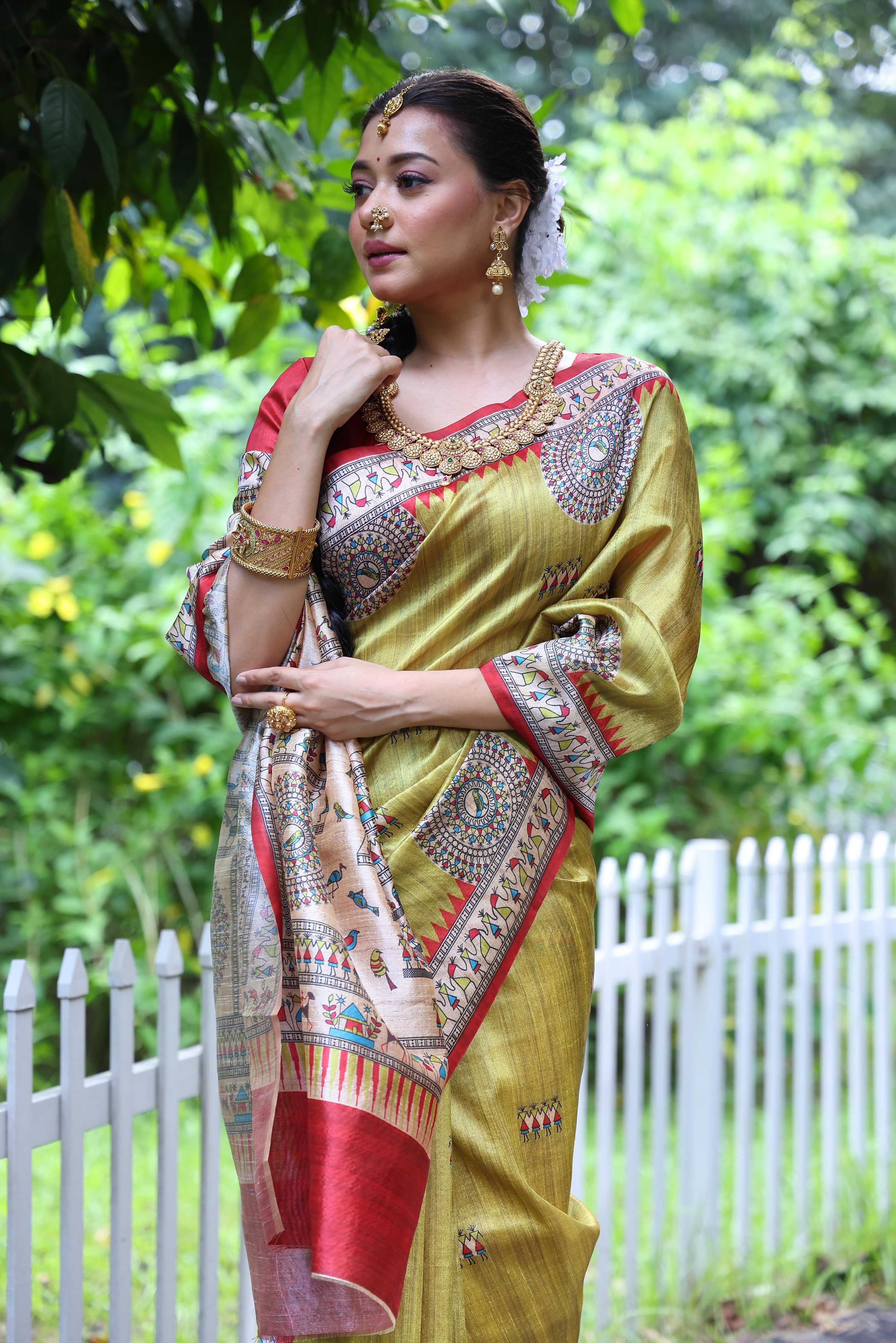 Jyoti Fashion Women's Green Soft Tussar Silk Printed Designer Saree with Blouse - Distacart