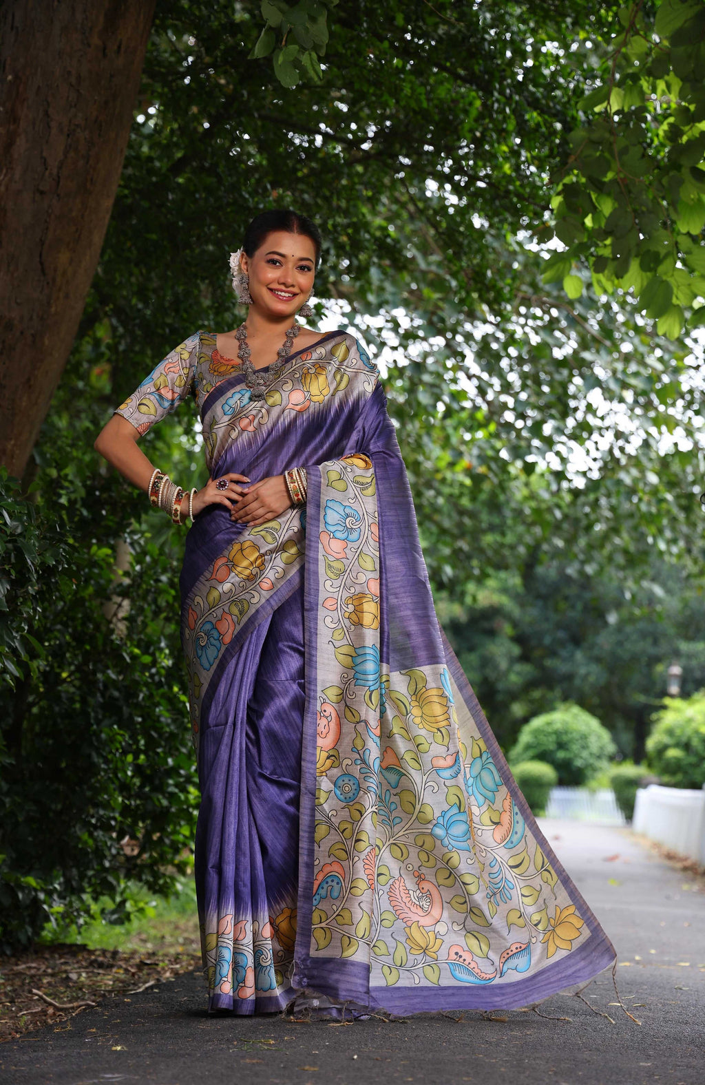 Jyoti Fashion Women's Purple Soft Tussar Silk Kalamkari Printed Designer Saree with Blouse - Distacart
