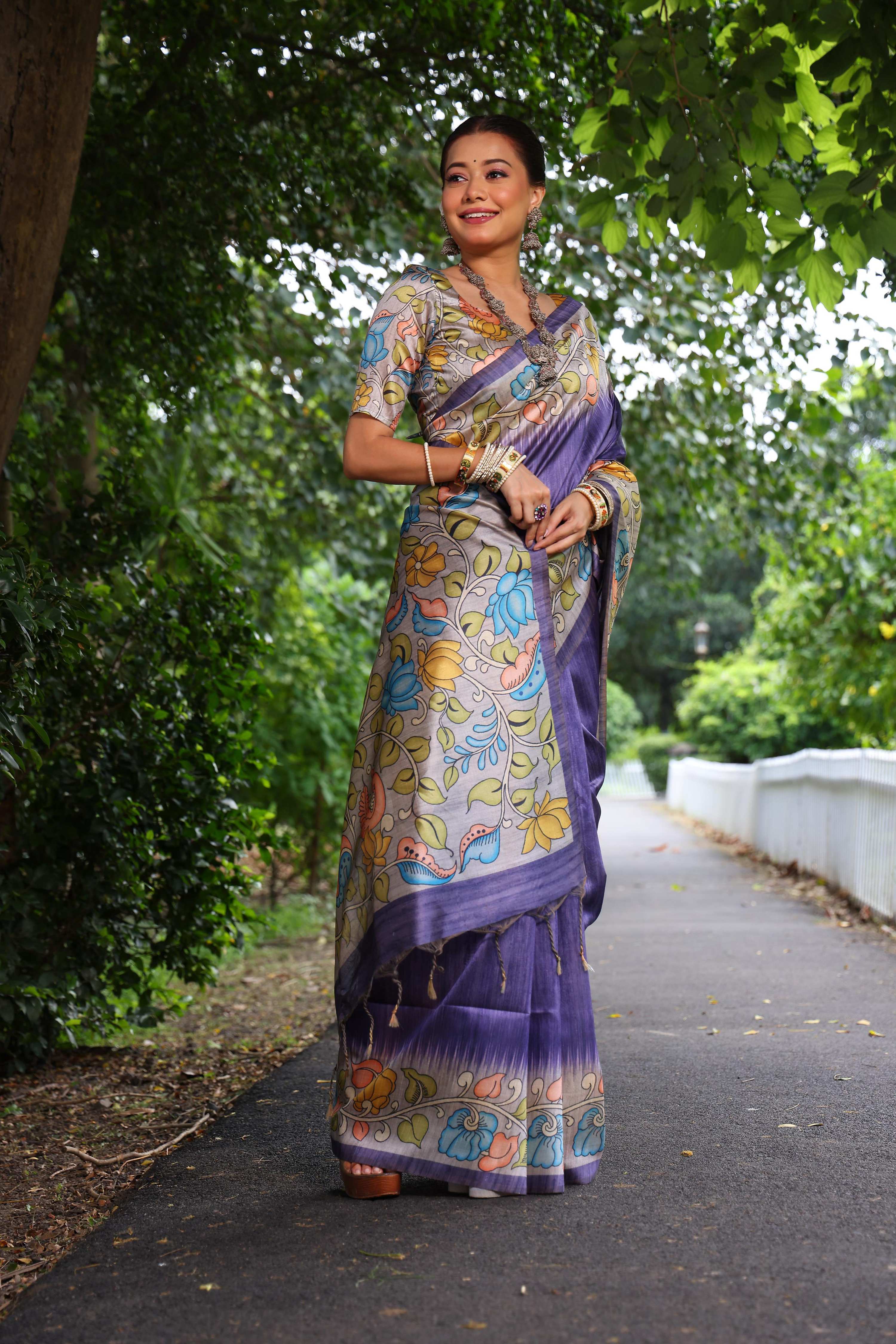 Jyoti Fashion Women's Purple Soft Tussar Silk Kalamkari Printed Designer Saree with Blouse - Distacart