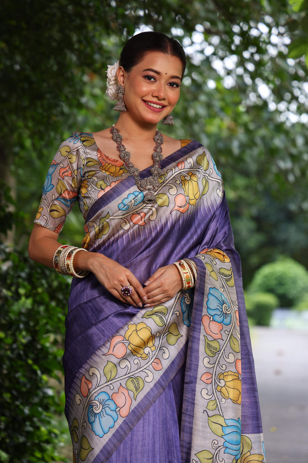 Jyoti Fashion Women's Purple Soft Tussar Silk Kalamkari Printed Designer Saree with Blouse - Distacart