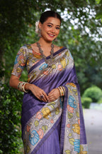 Jyoti Fashion Women's Purple Soft Tussar Silk Kalamkari Printed Designer Saree with Blouse - Distacart