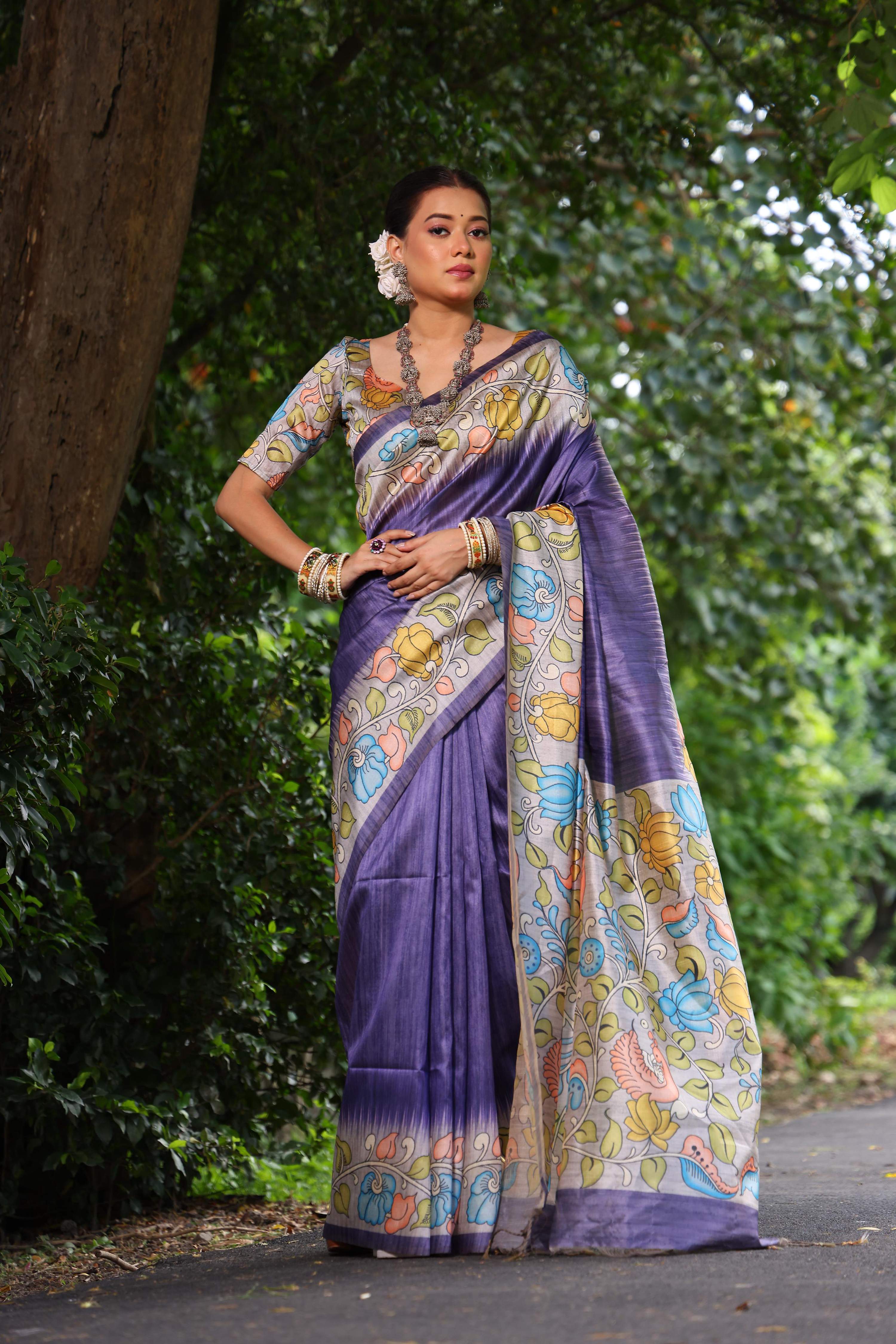 Jyoti Fashion Women's Purple Soft Tussar Silk Kalamkari Printed Designer Saree with Blouse - Distacart