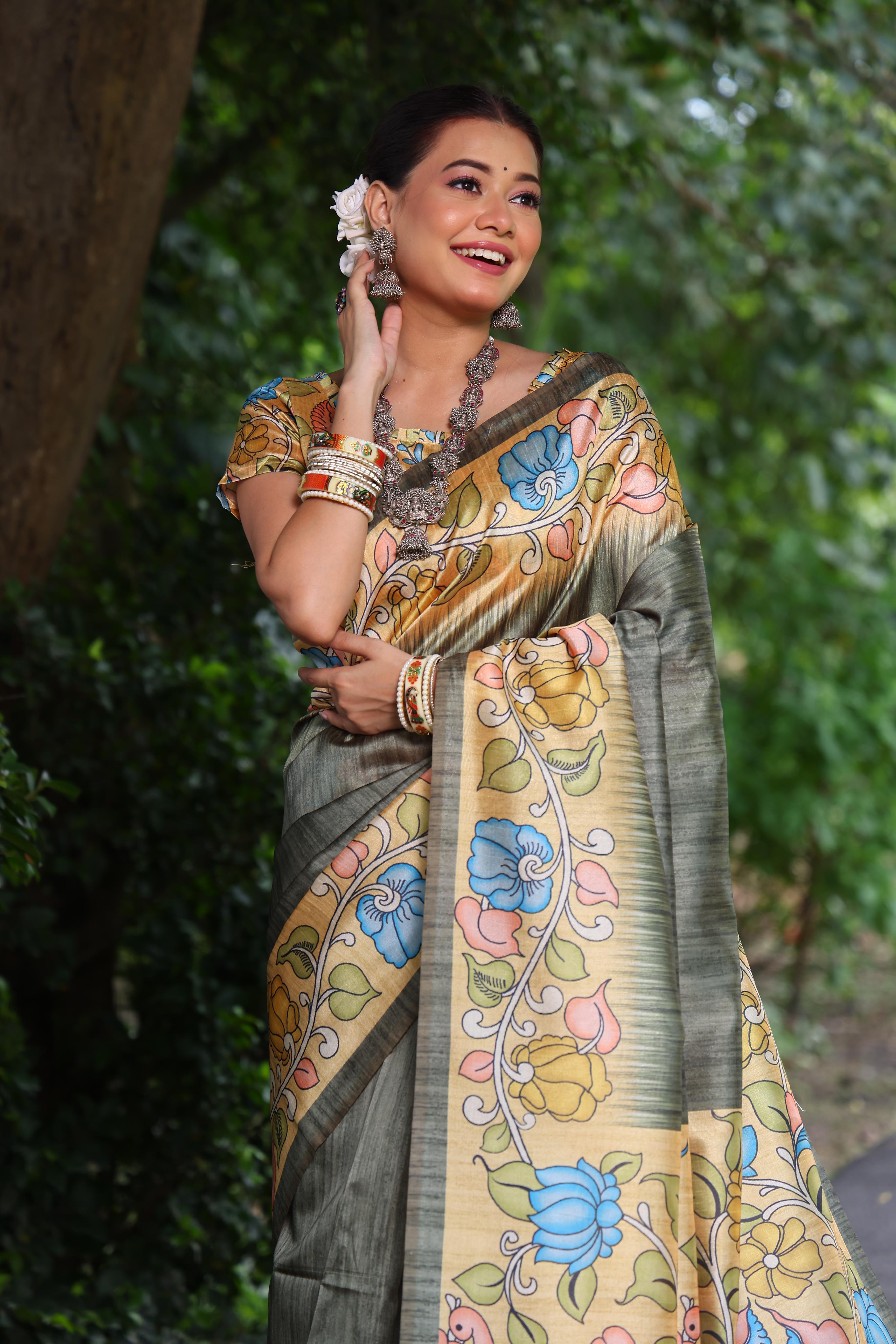 Jyoti Fashion Women's Grey Soft Tussar Silk Kalamkari Printed Designer Saree with Blouse - Distacart