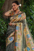 Jyoti Fashion Women's Grey Soft Tussar Silk Kalamkari Printed Designer Saree with Blouse - Distacart
