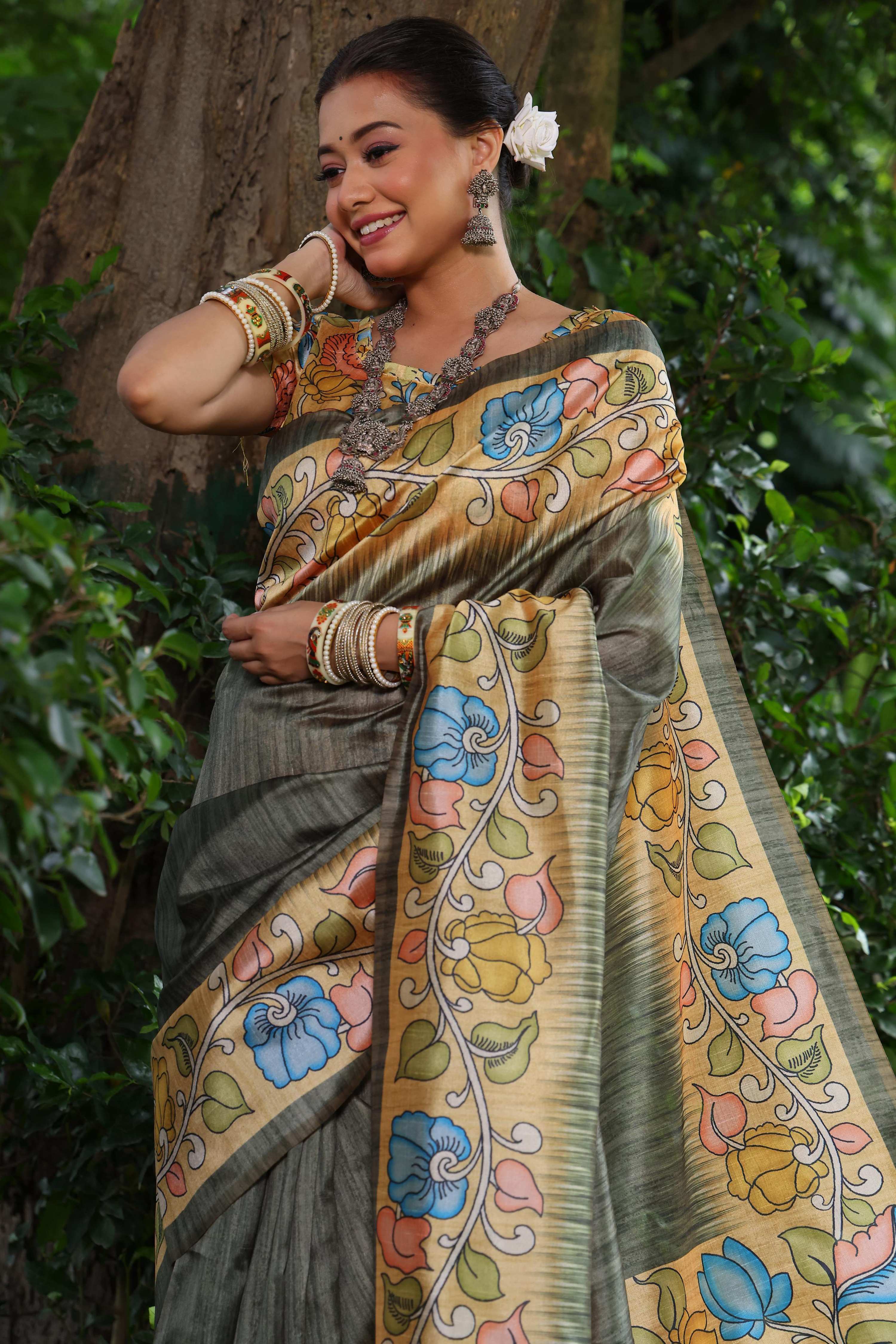 Jyoti Fashion Women's Grey Soft Tussar Silk Kalamkari Printed Designer Saree with Blouse - Distacart