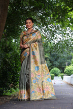 Jyoti Fashion Women's Grey Soft Tussar Silk Kalamkari Printed Designer Saree with Blouse - Distacart