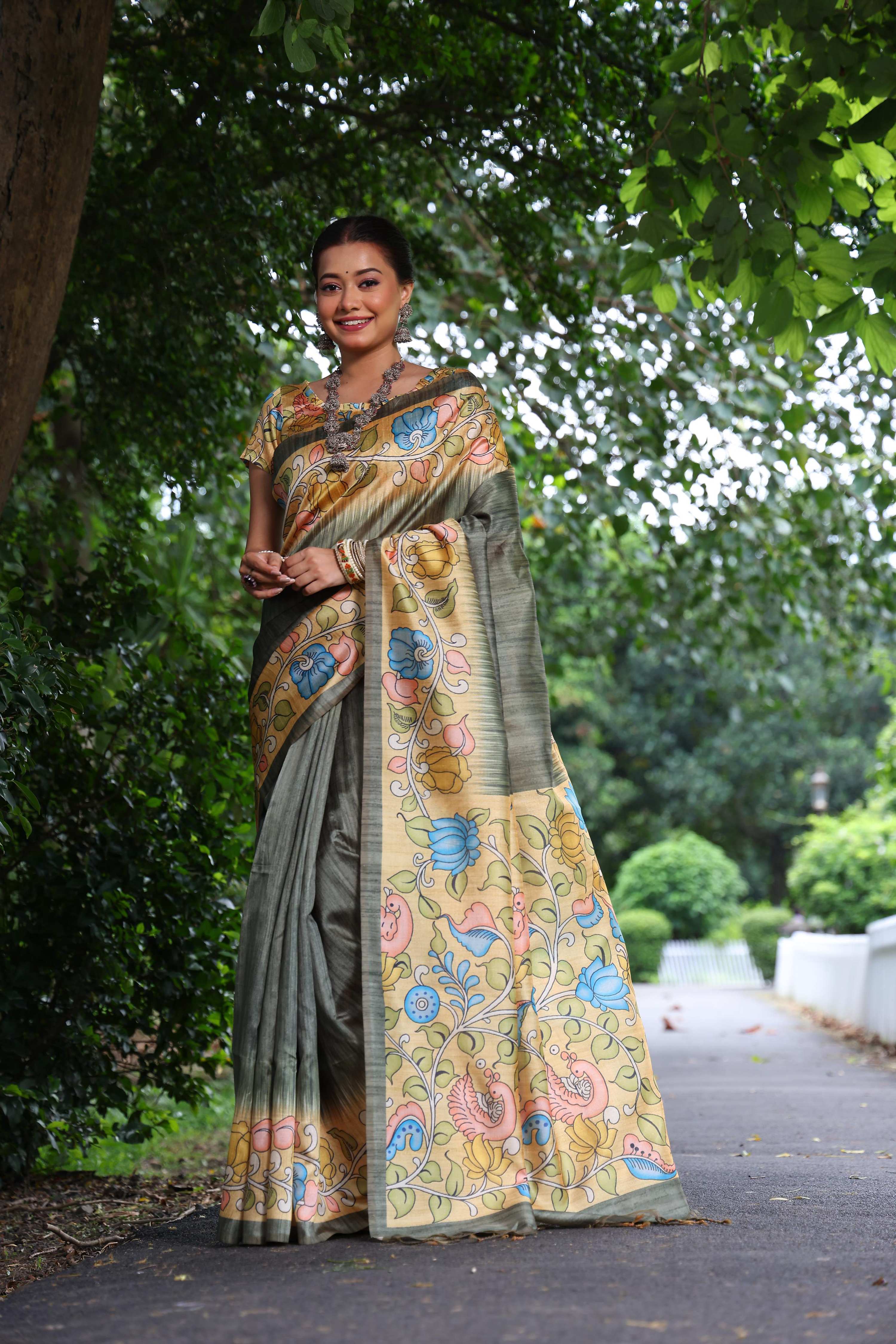 Jyoti Fashion Women's Grey Soft Tussar Silk Kalamkari Printed Designer Saree with Blouse - Distacart
