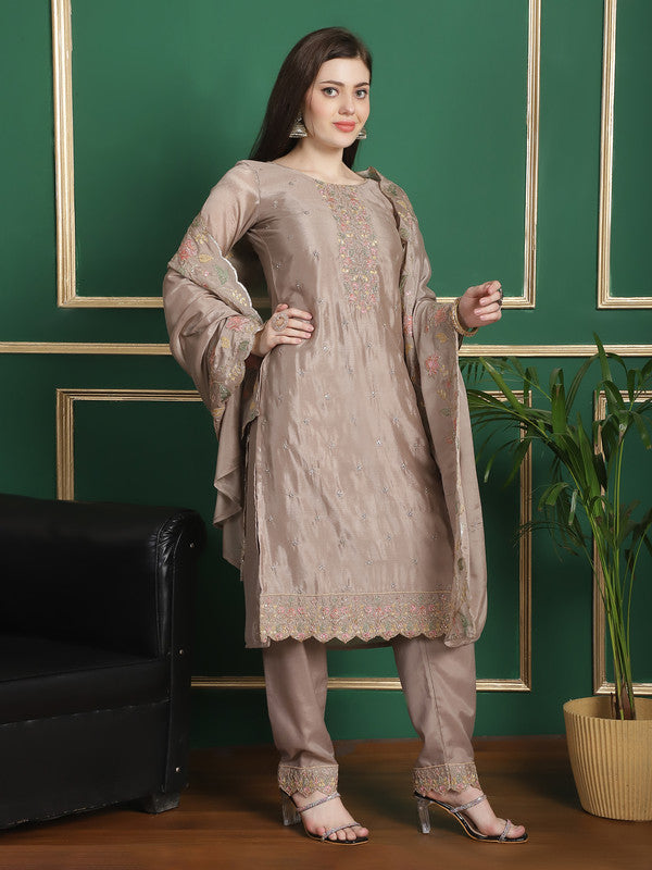 Jyoti Fashion Women's Beige Chinon Chiffon Floral Embroidery with Cording & Crystal Work Designer Straight Suit Set